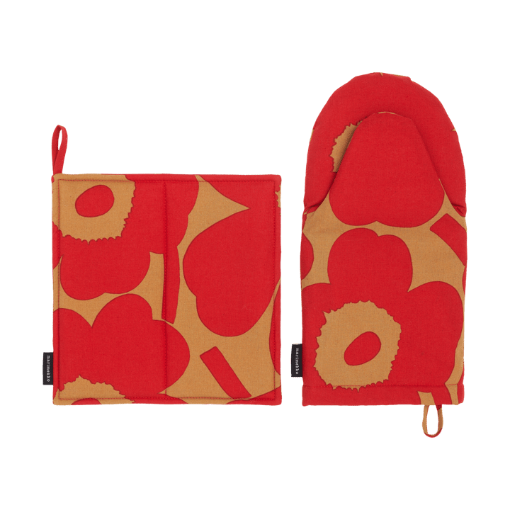 Pieni Unikko pot holder and oven mitt set, 2 pieces - Brown-red - Marimekko