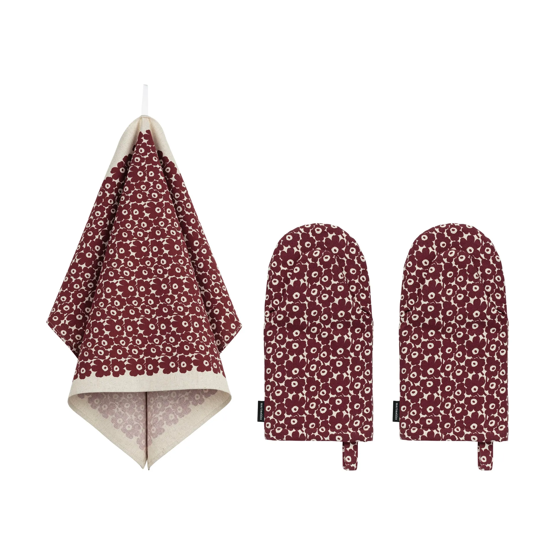 Pikkuinen Unikko kitchen set 3 pieces, Linen-burgundy Marimekko