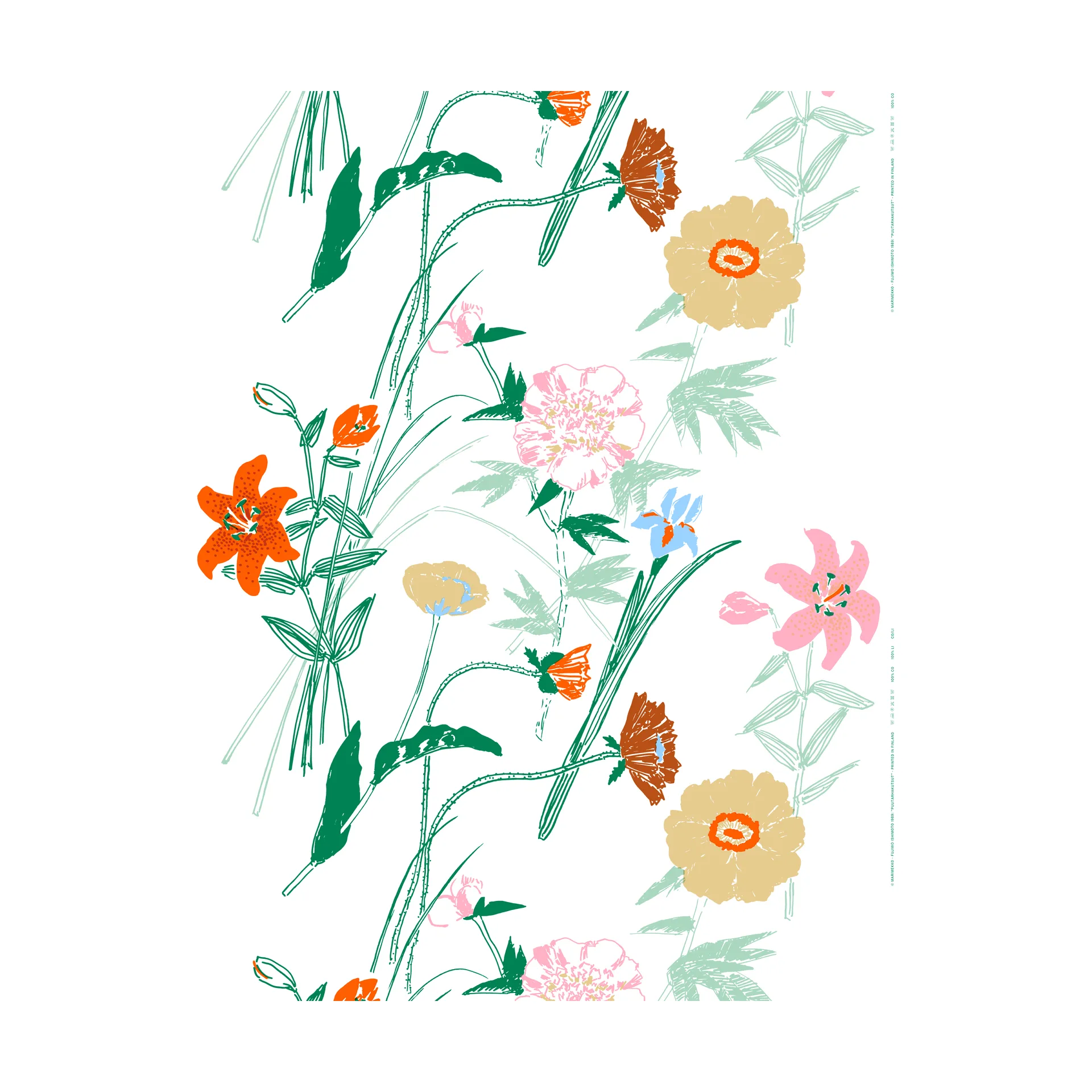 Puutarhakutsut cotton fabric, White-green-orange Marimekko