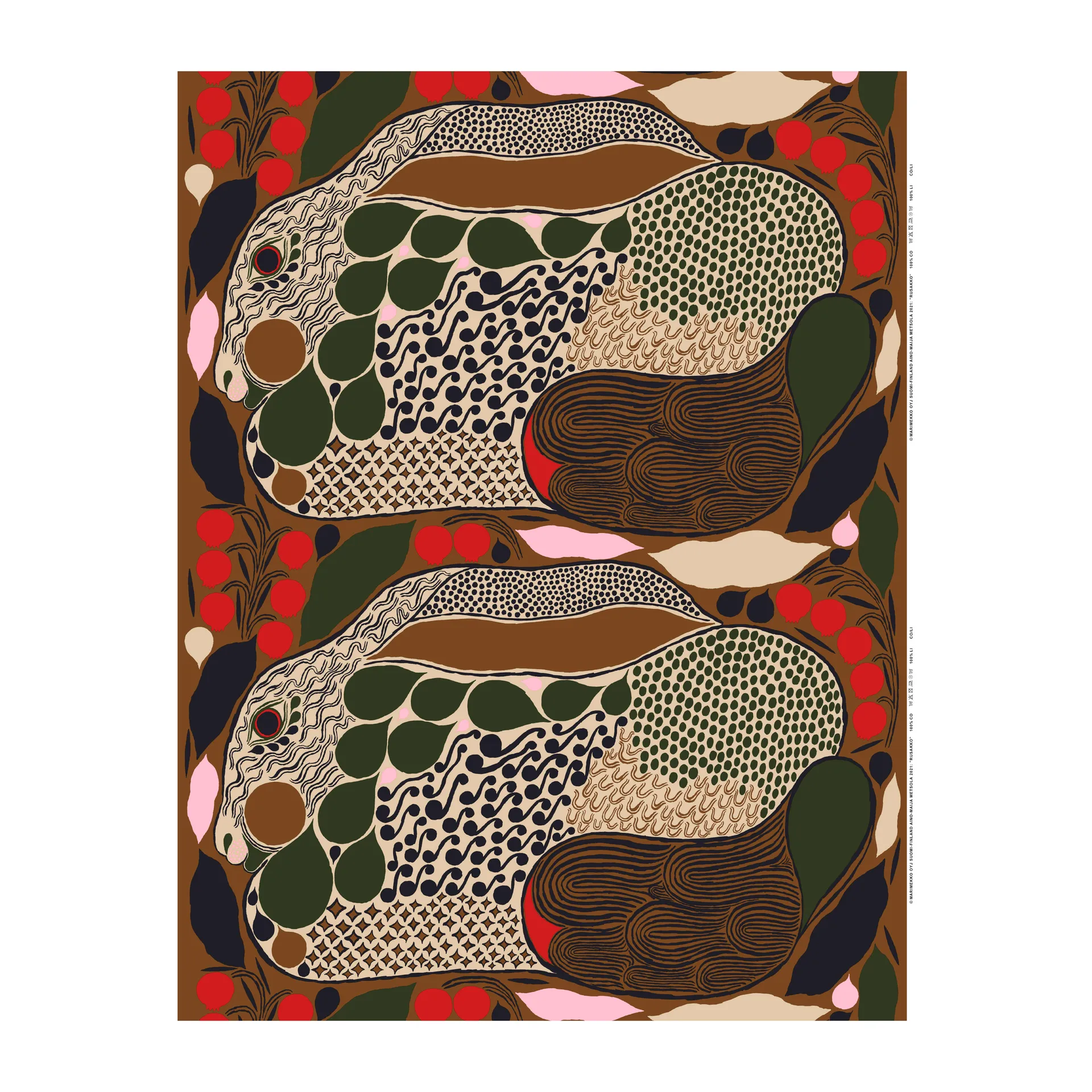 Rusakko cotton fabric, brown-dark blue-red Marimekko