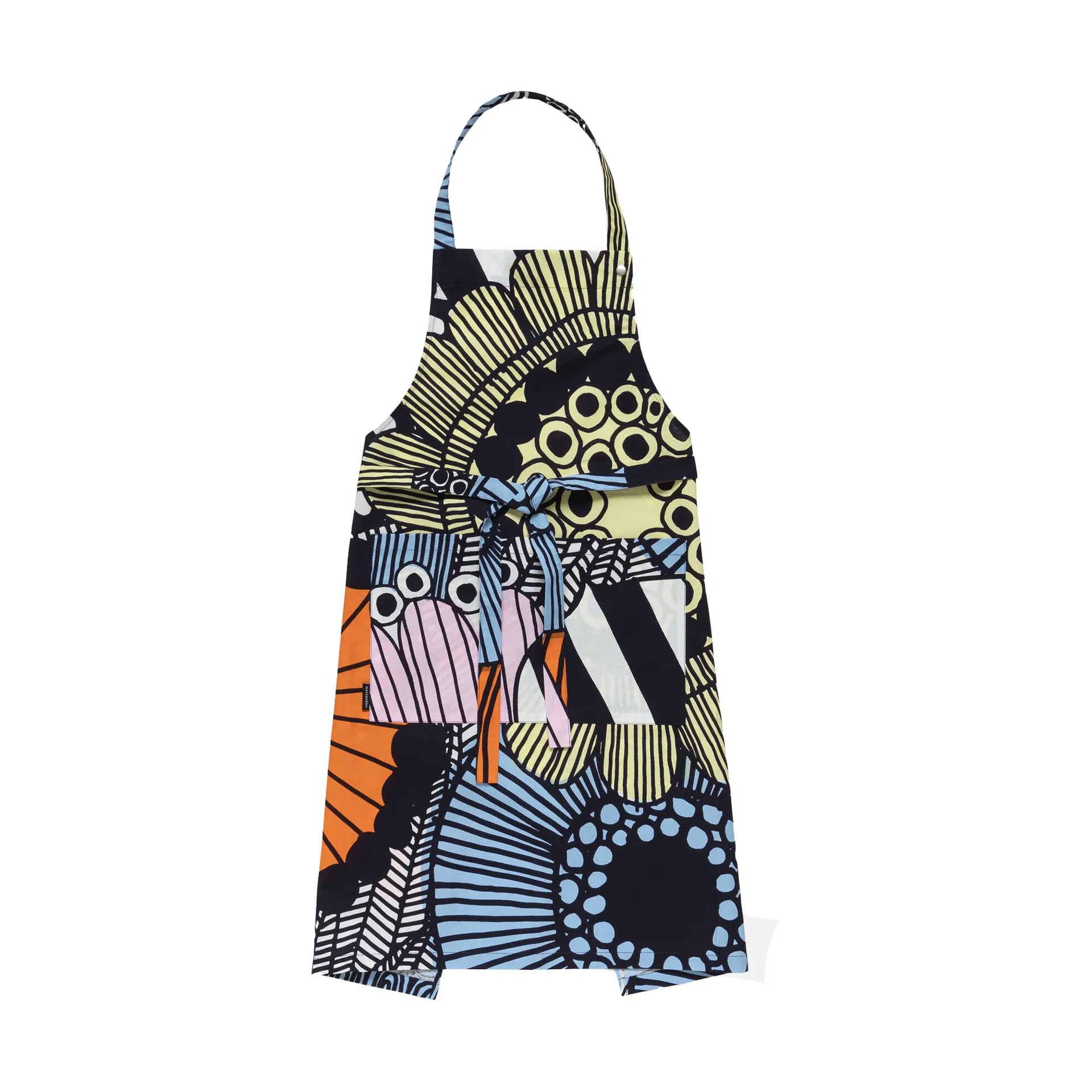 Siirtolapuutarha apron, White-yellow-orange-light blue Marimekko