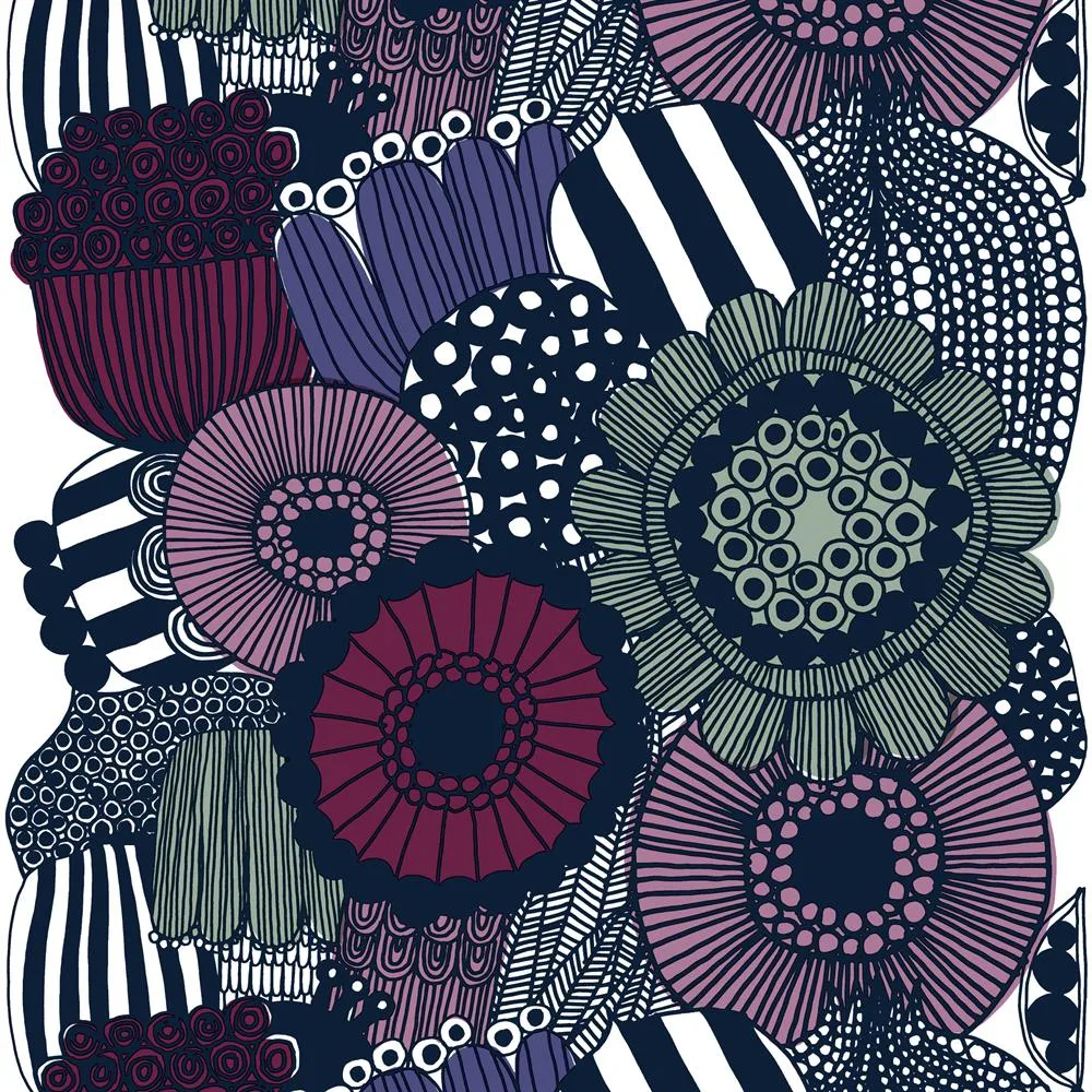 Siirtolapuutarha fabric, white-purple-grey Marimekko