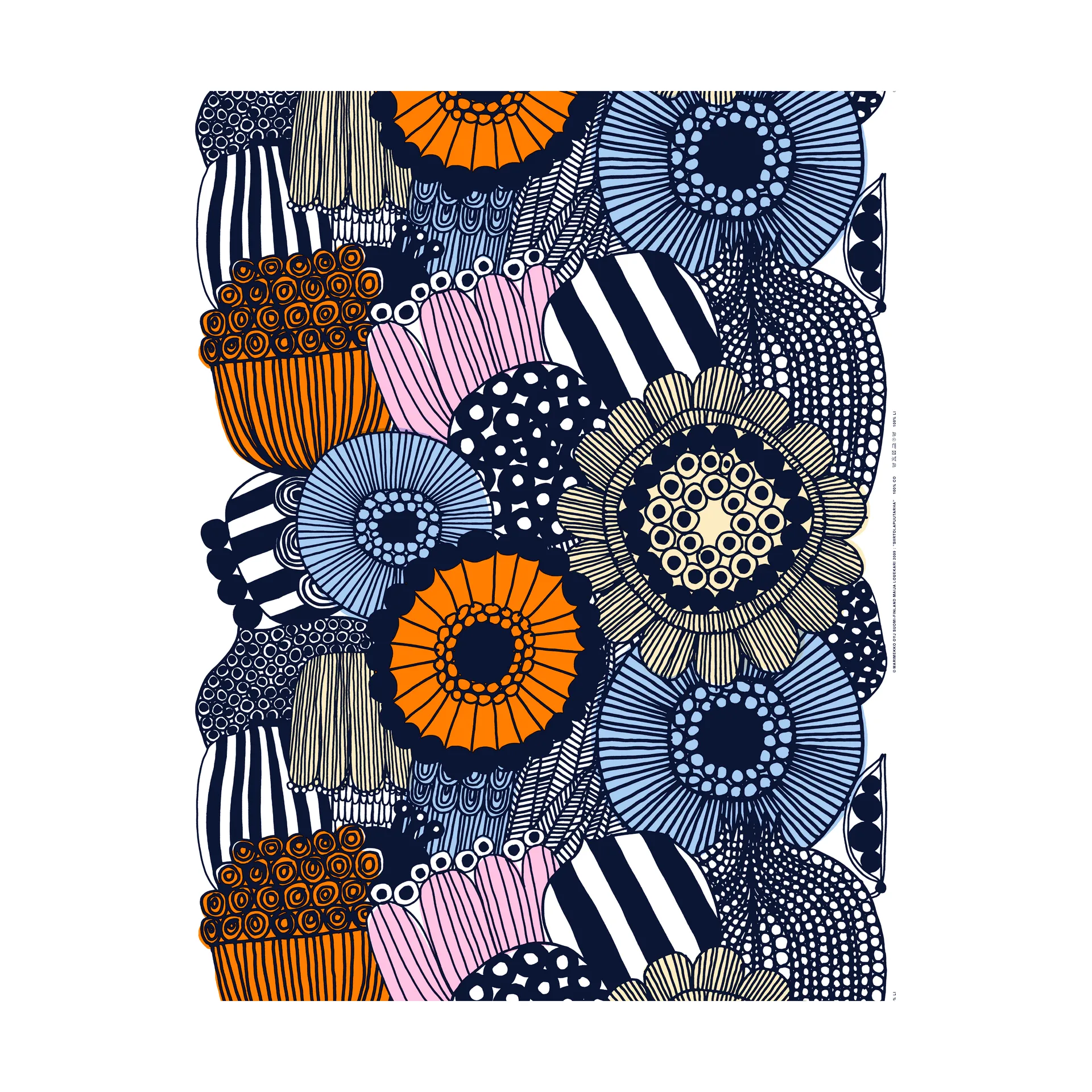 Siirtolapuutarha oilcloth, White-yellow-orange-light blue Marimekko