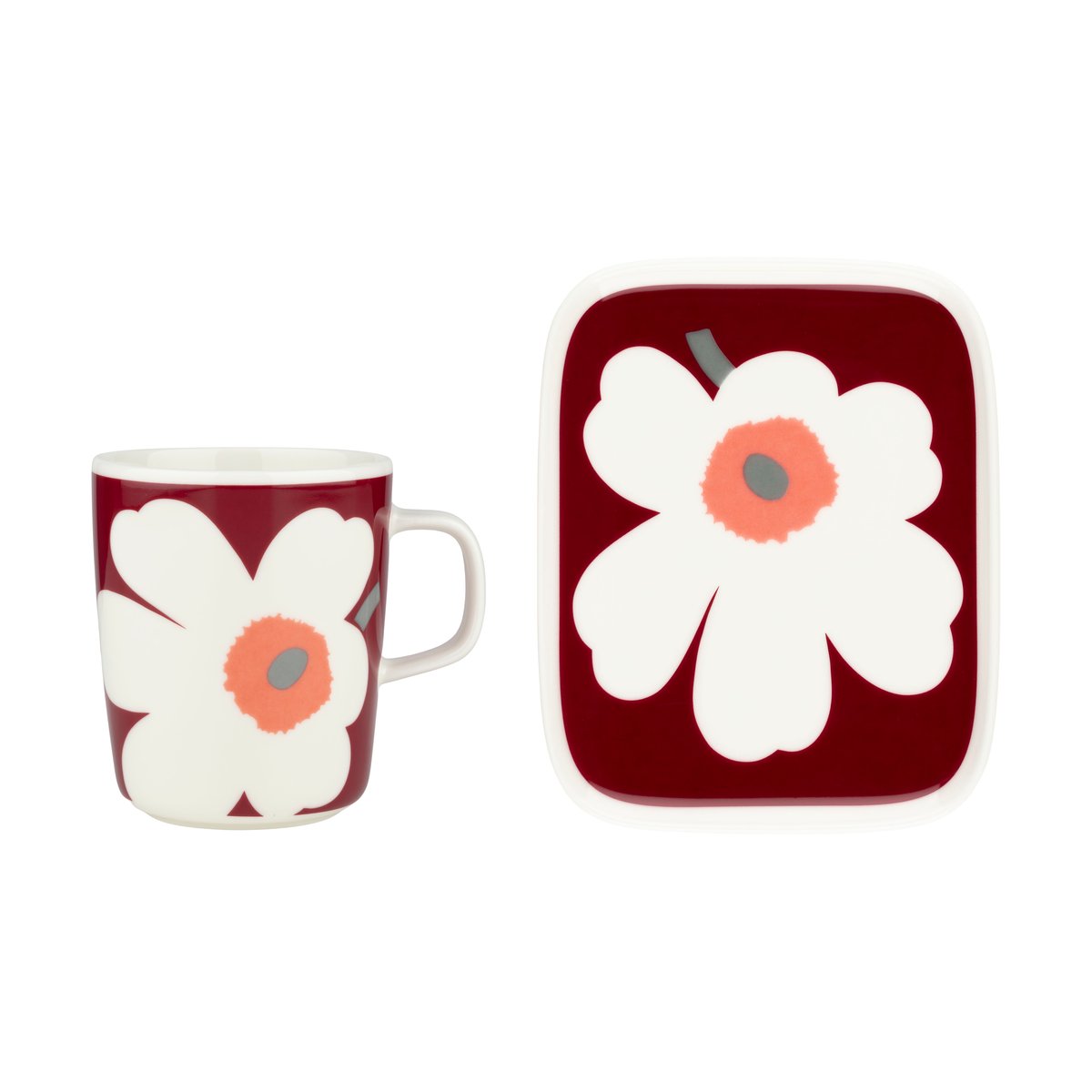 Marimekko Unikko 60th anniversary mug 25 cl + plate 12x15 cm White-dark cherry-ash grey