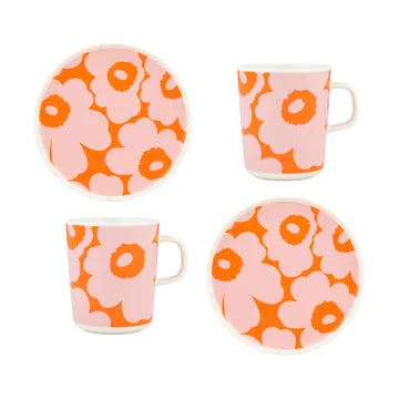 Unikko breakfast set - White-pink-orange, 4 pieces - Marimekko