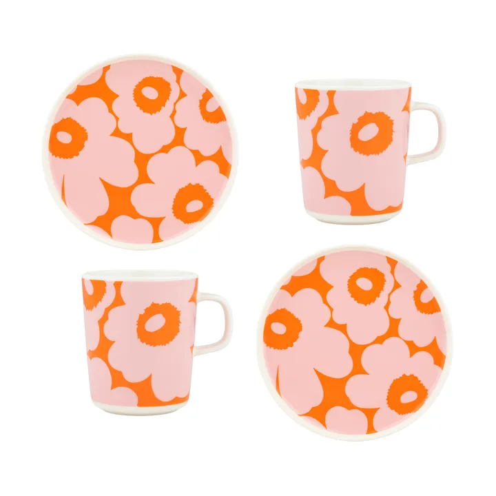 Unikko breakfast set - White-pink-orange, 4 pieces - Marimekko