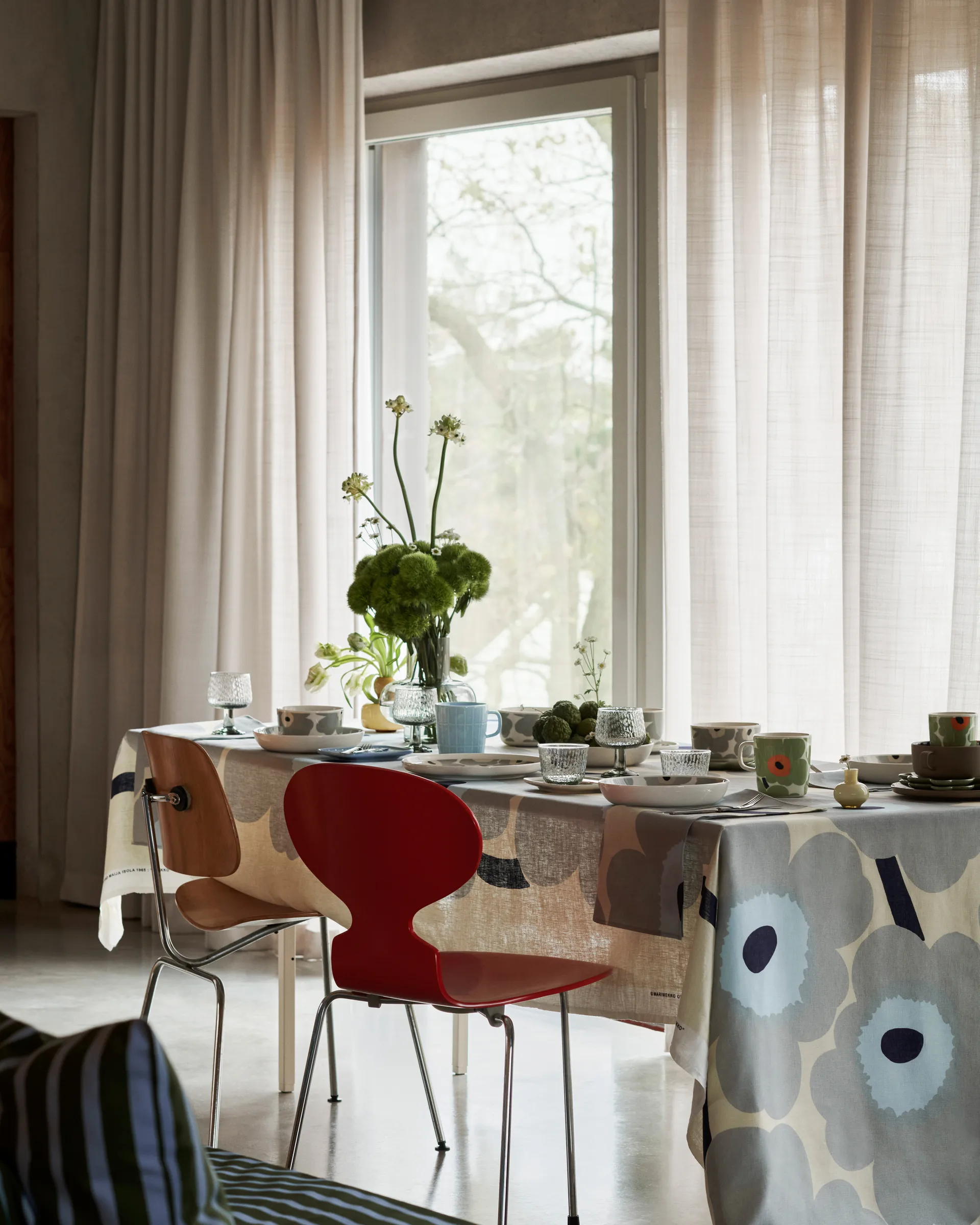 Unikko linen fabric, Sand-grey-pale blue Marimekko