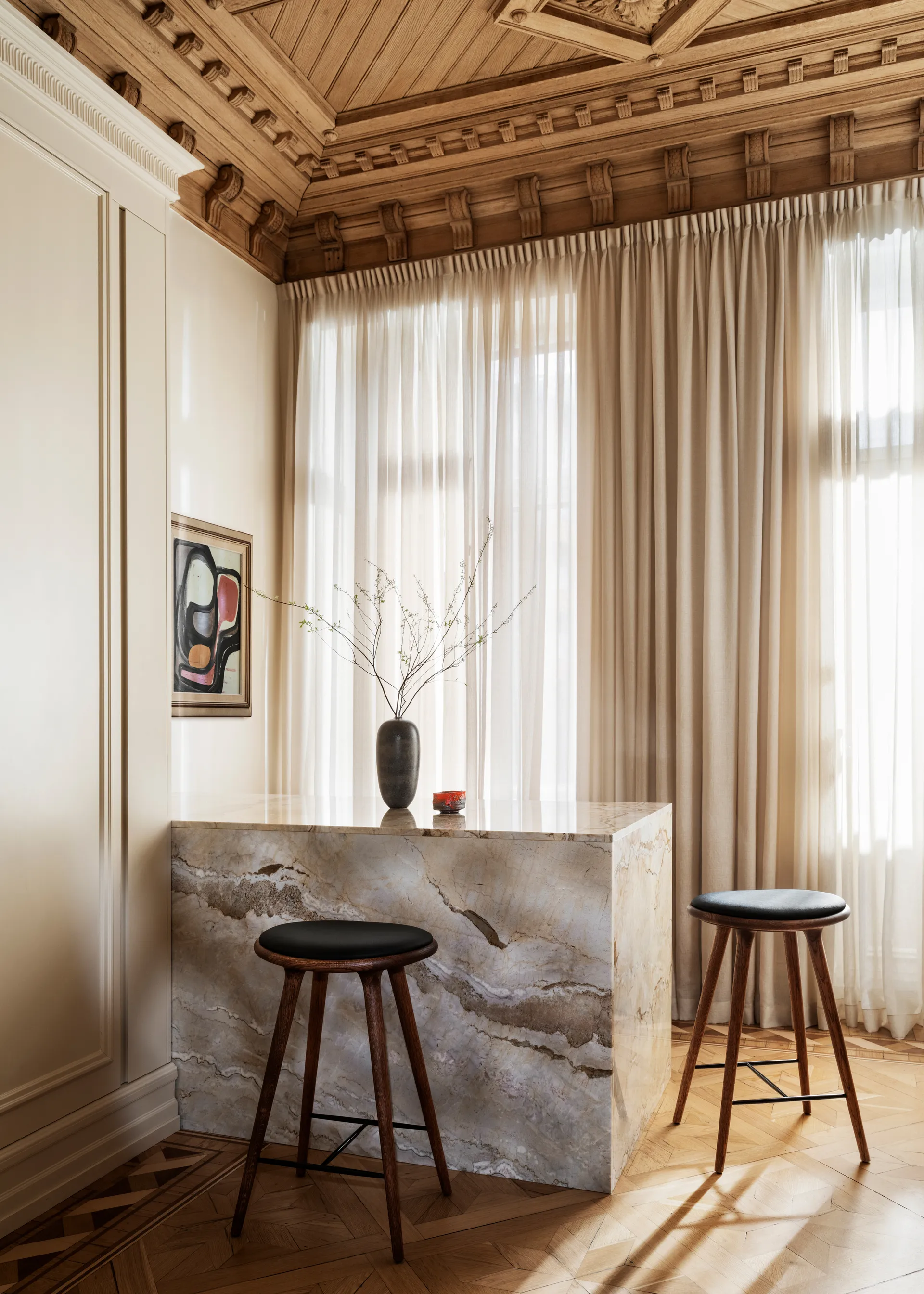 Mater high stool barstool low 69 cm, leather black, black stained beech stand Mater