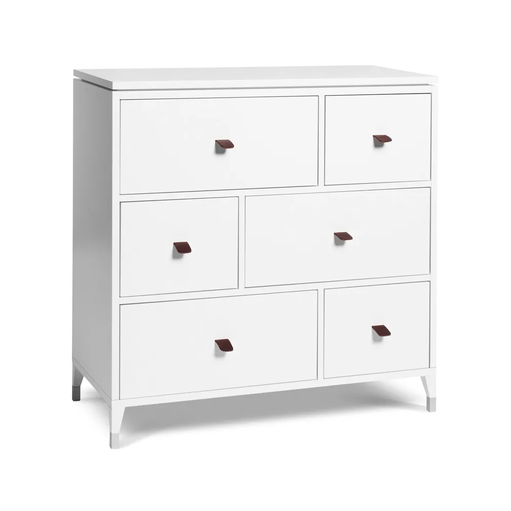 Abisko chest of drawers, white, 6 drawers, strap in elk leather Mavis