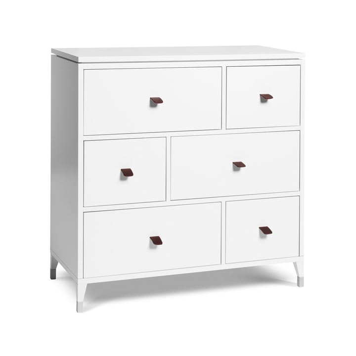 Abisko chest of drawers - white, 6 drawers, strap in elk leather - Mavis