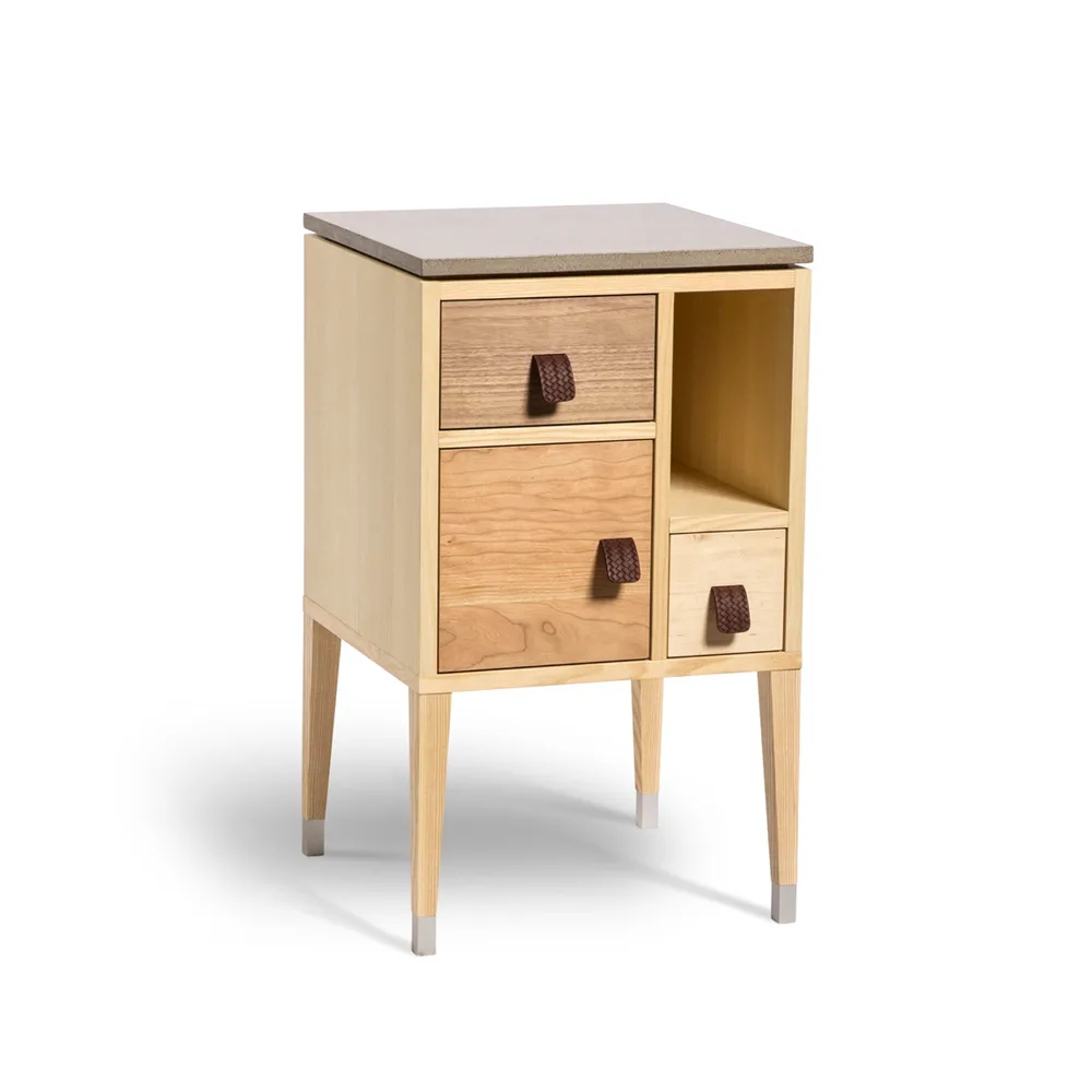 Abisko high leg bedside table, mixed woods, concrete top Mavis