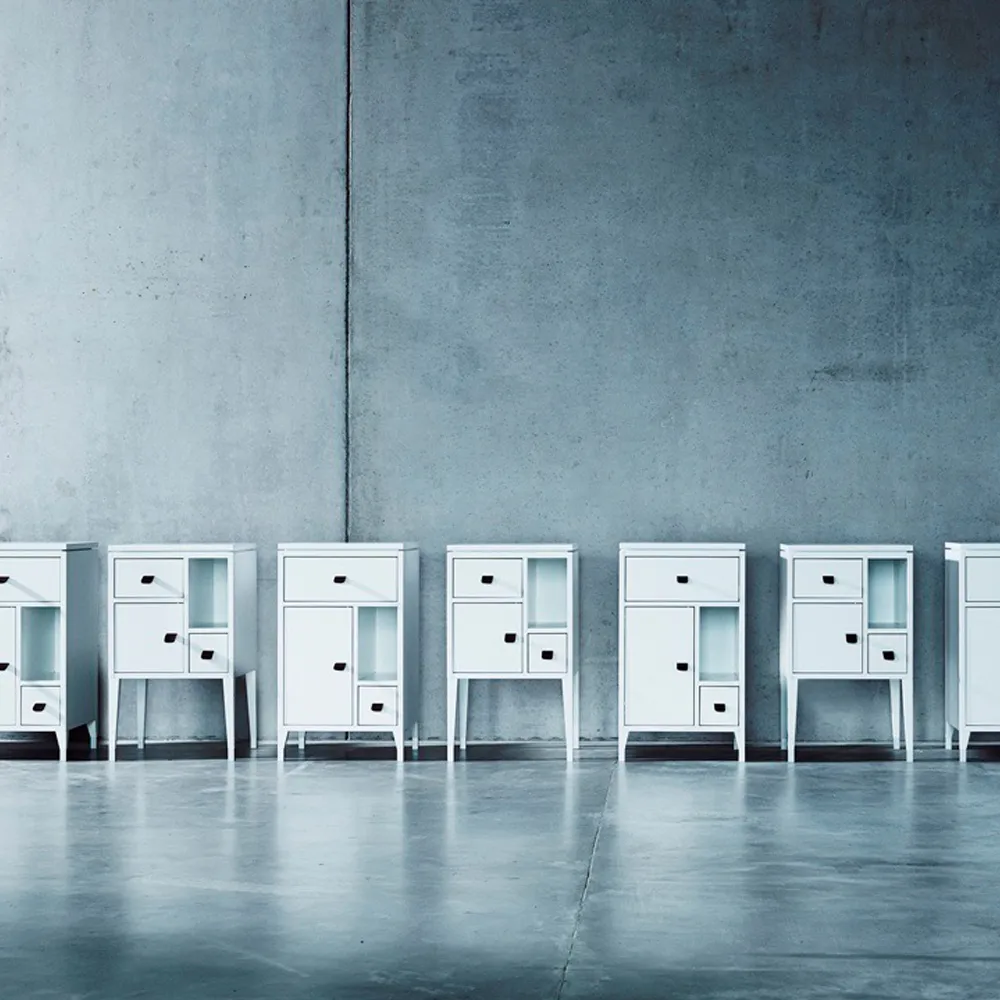 Abisko high leg bedside table, white, concrete top, handle brown elk leather Mavis