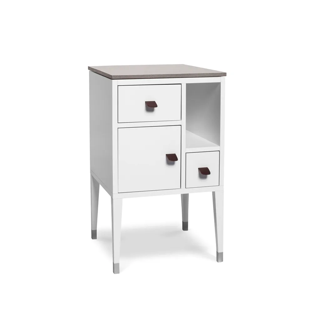 Abisko high leg bedside table, white, concrete top, handle brown elk leather Mavis