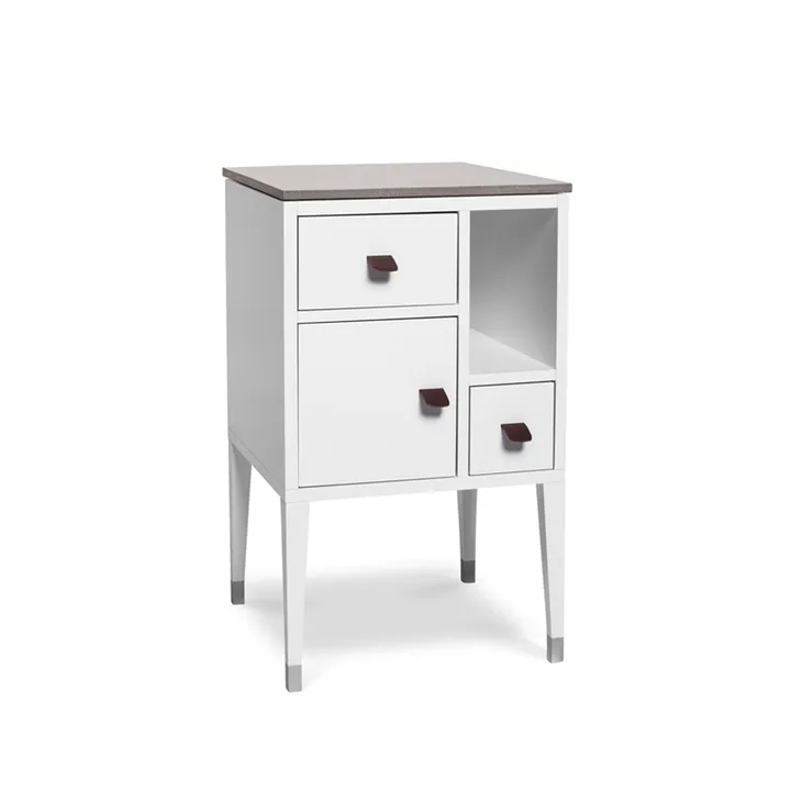 Abisko high leg bedside table - white, concrete top, handle brown elk leather - Mavis