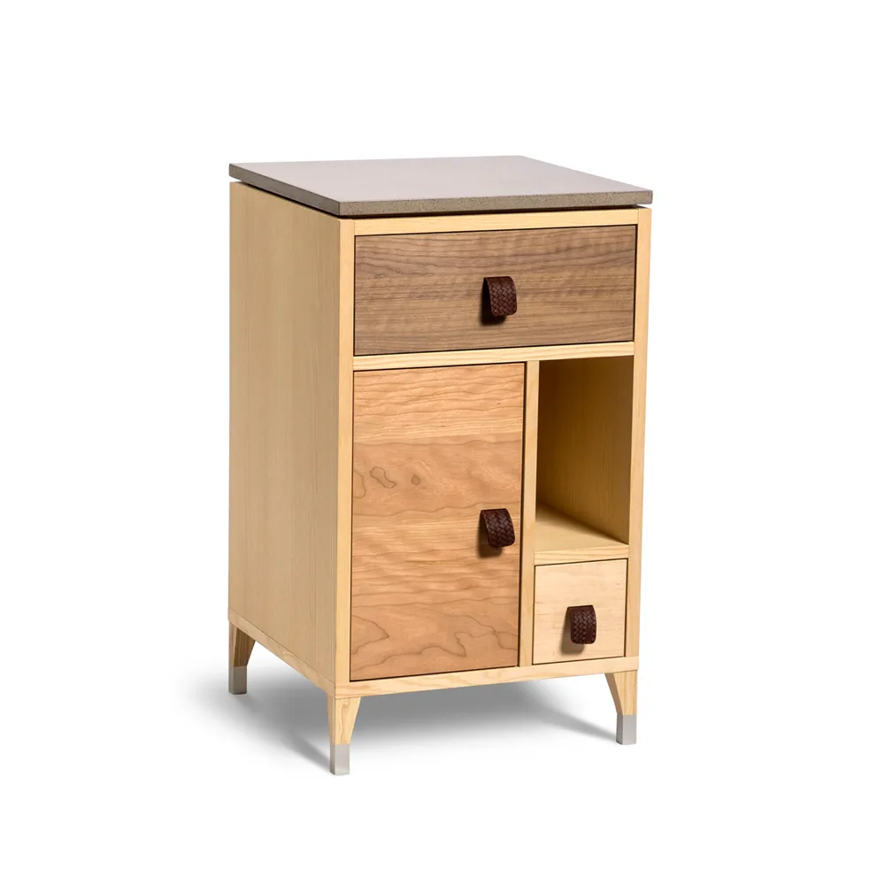 Abisko low leg bedside table, mixed woods, concrete top Mavis