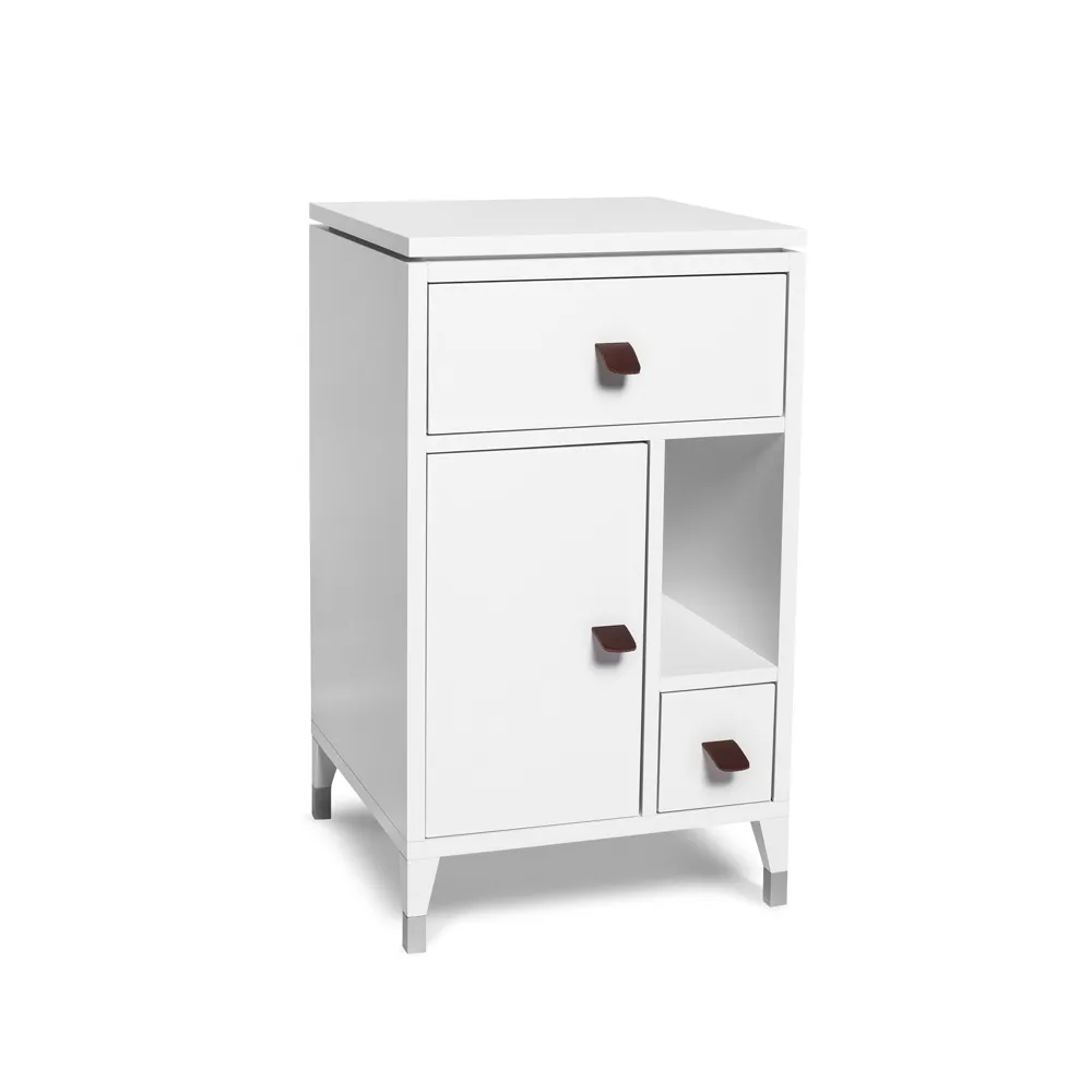 Abisko low leg bedside table, white, handle in brown elk leather Mavis