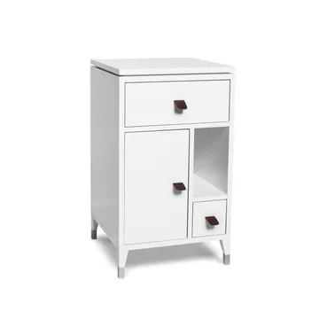 Abisko low leg bedside table - white, handle in brown elk leather - Mavis