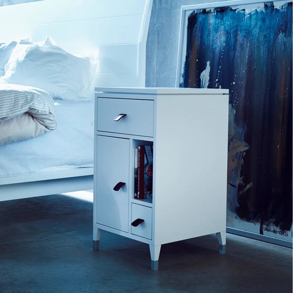 Abisko low leg bedside table, white, top concrete, handle brown elk leather Mavis