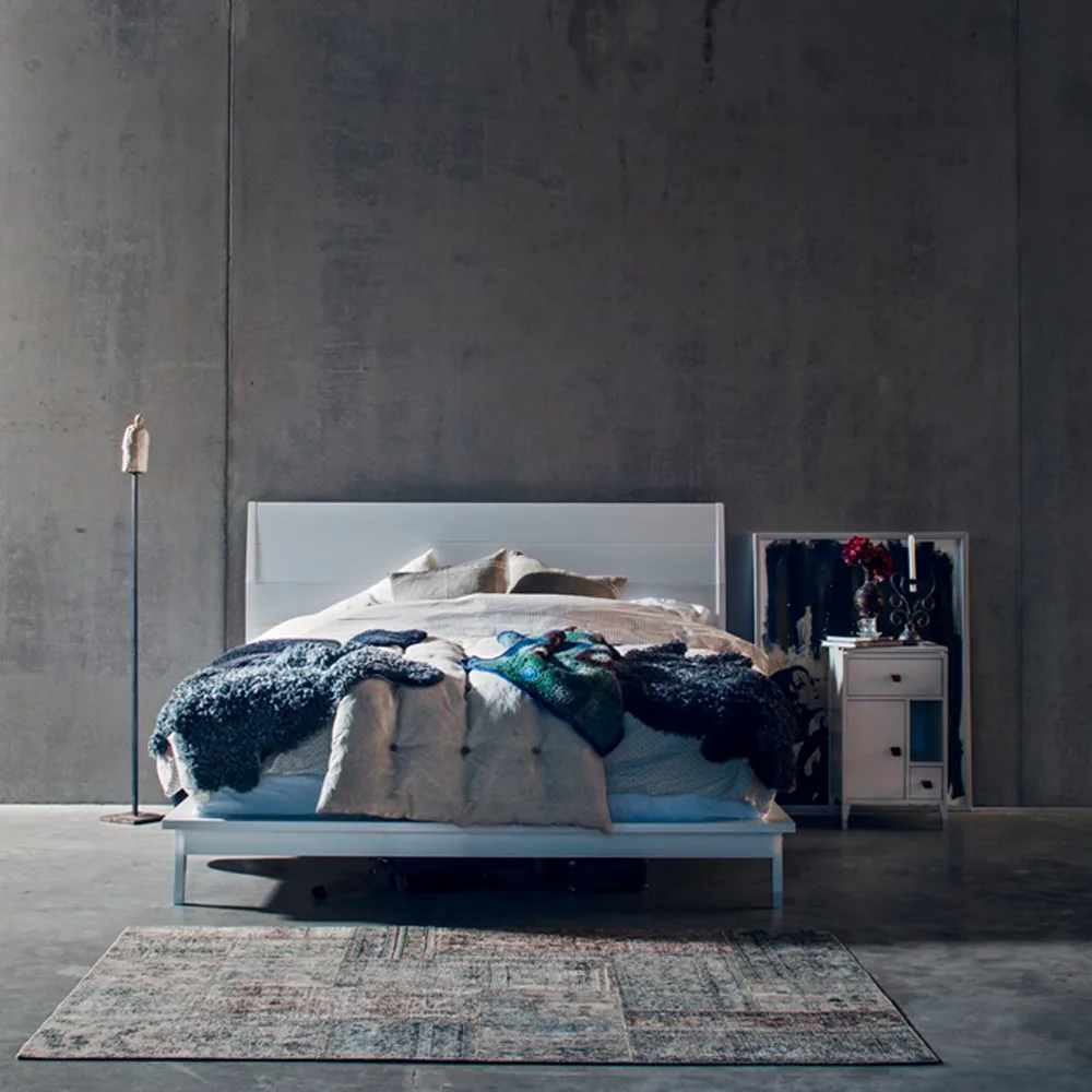 Abisko low leg bedside table, white, top concrete, handle brown elk leather Mavis