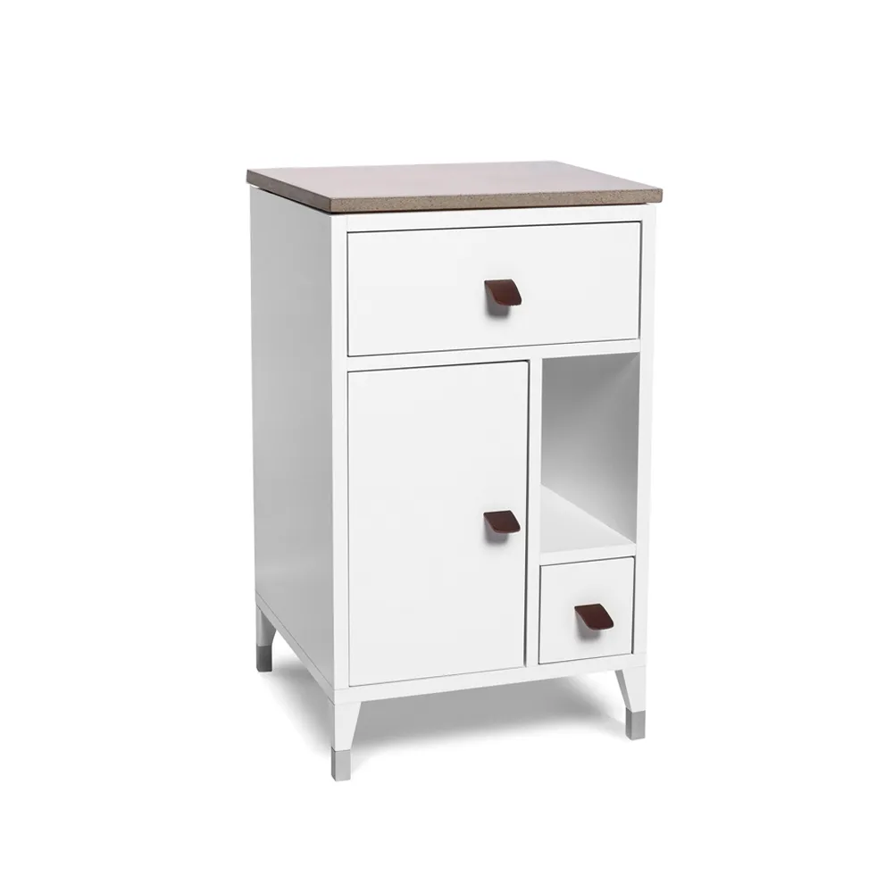 Abisko low leg bedside table, white, top concrete, handle brown elk leather Mavis