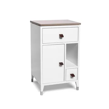 Abisko low leg bedside table - white, top concrete, handle brown elk leather - Mavis