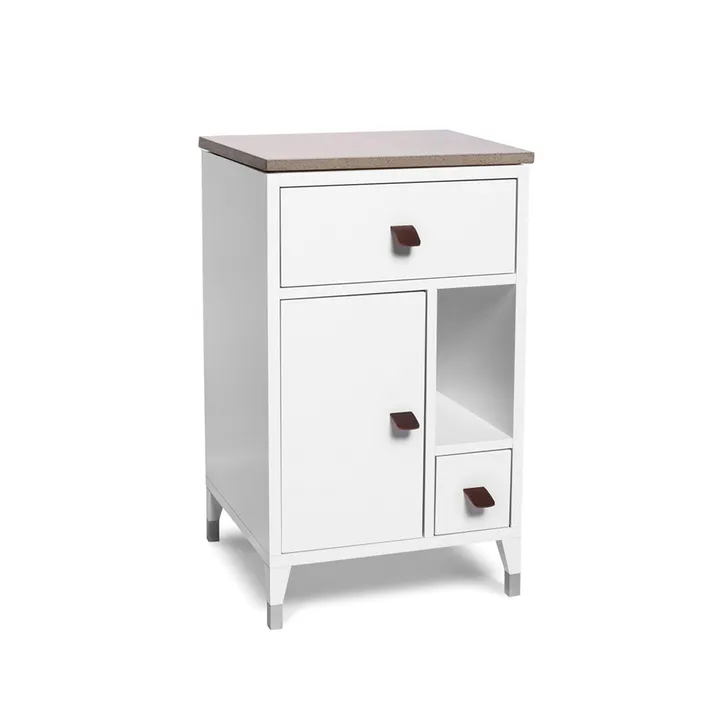 Abisko low leg bedside table - white, top concrete, handle brown elk leather - Mavis
