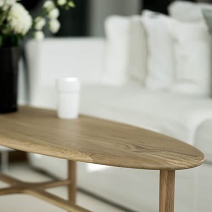 Crest oval coffee table, oak white pigment clear lacquer, oval Mavis