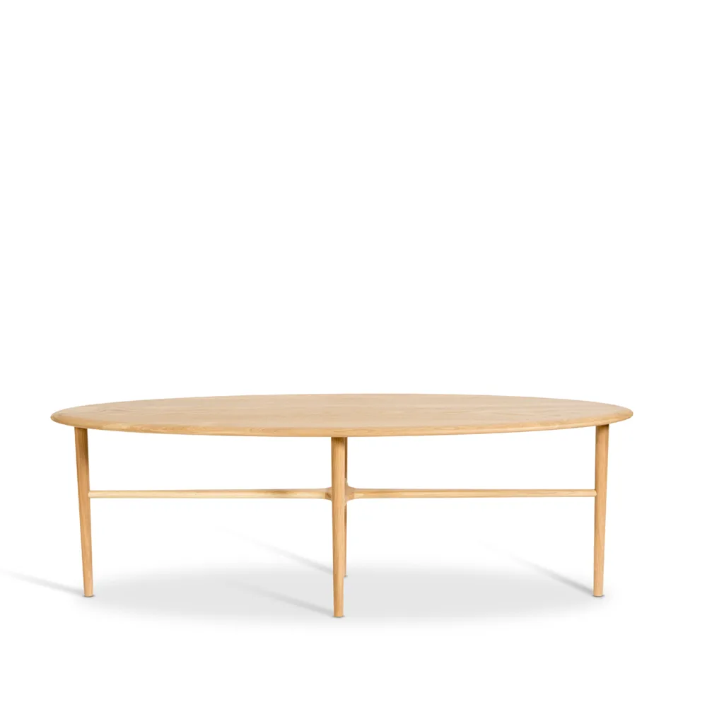 Crest oval coffee table, oak white pigment clear lacquer, oval Mavis