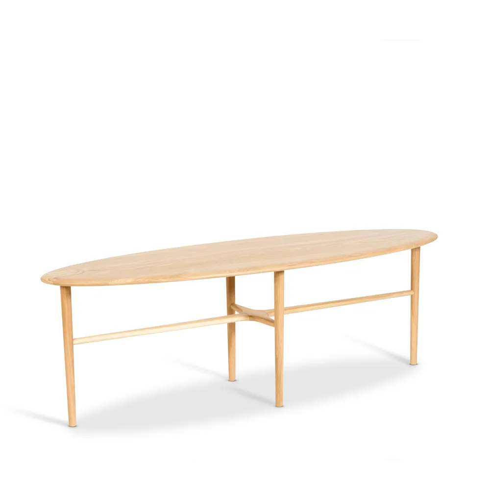 Crest oval coffee table, oak white pigment clear lacquer, oval Mavis