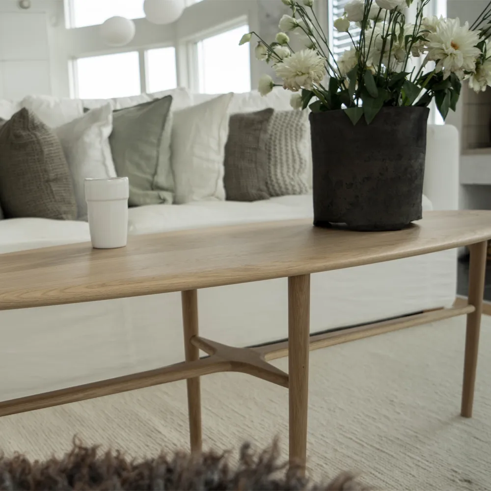 Crest oval coffee table, oak white pigment clear lacquer, oval Mavis