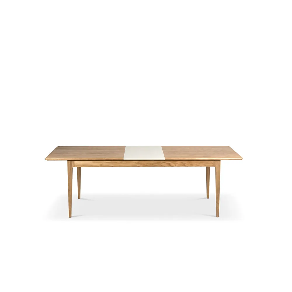 Höllviken dining table, Oak white-pigmented matte lacquer-1 insert-beige MDF á 50 cm Mavis