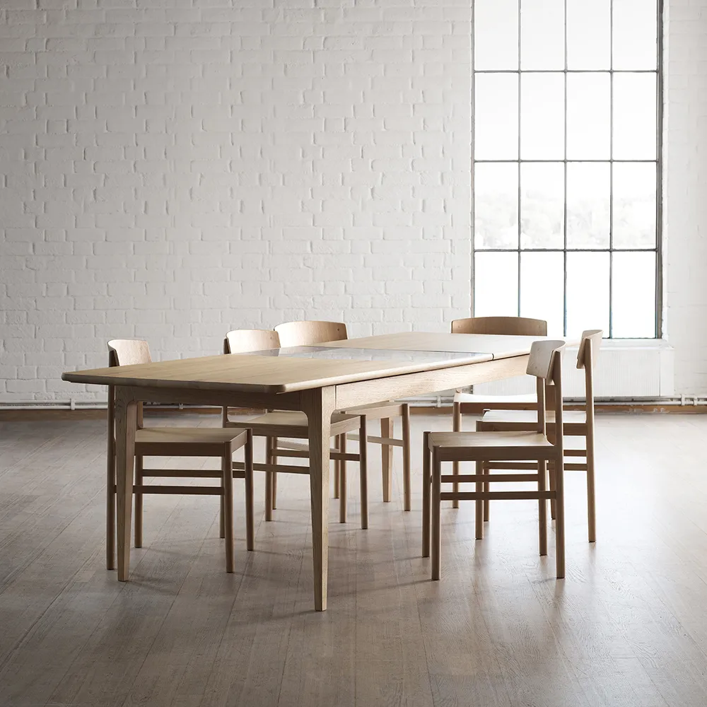 Höllviken dining table, Oak white-pigmented matte lacquer-1 insert-beige MDF á 50 cm Mavis