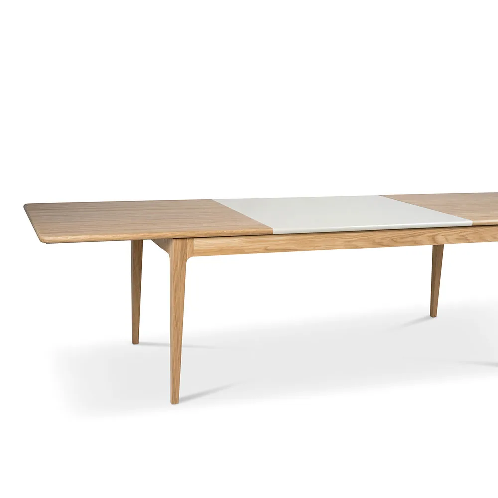 Höllviken dining table, oak white pigmented matte lacquer, 2 leaves, limestone Ø 50 cm Mavis