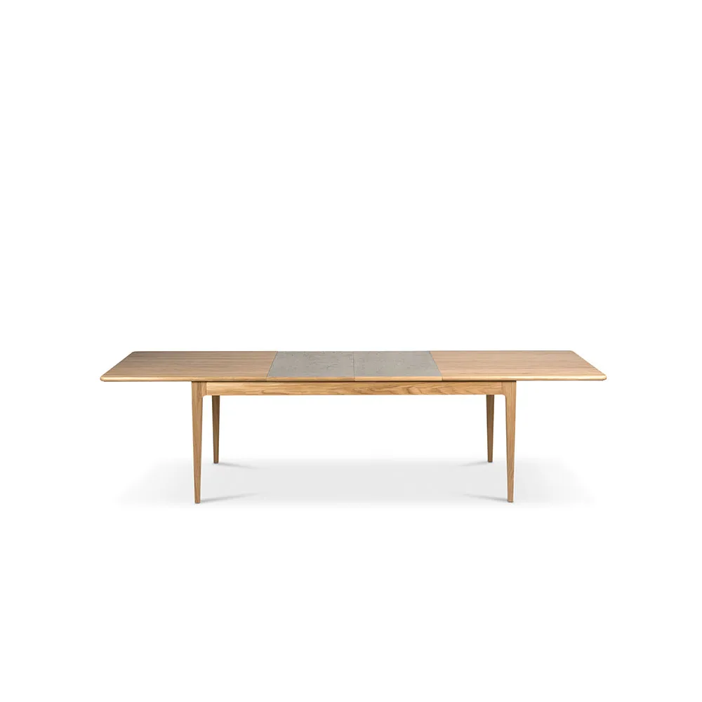Höllviken dining table, oak white pigmented matte lacquer, 2 leaves, limestone Ø 50 cm Mavis