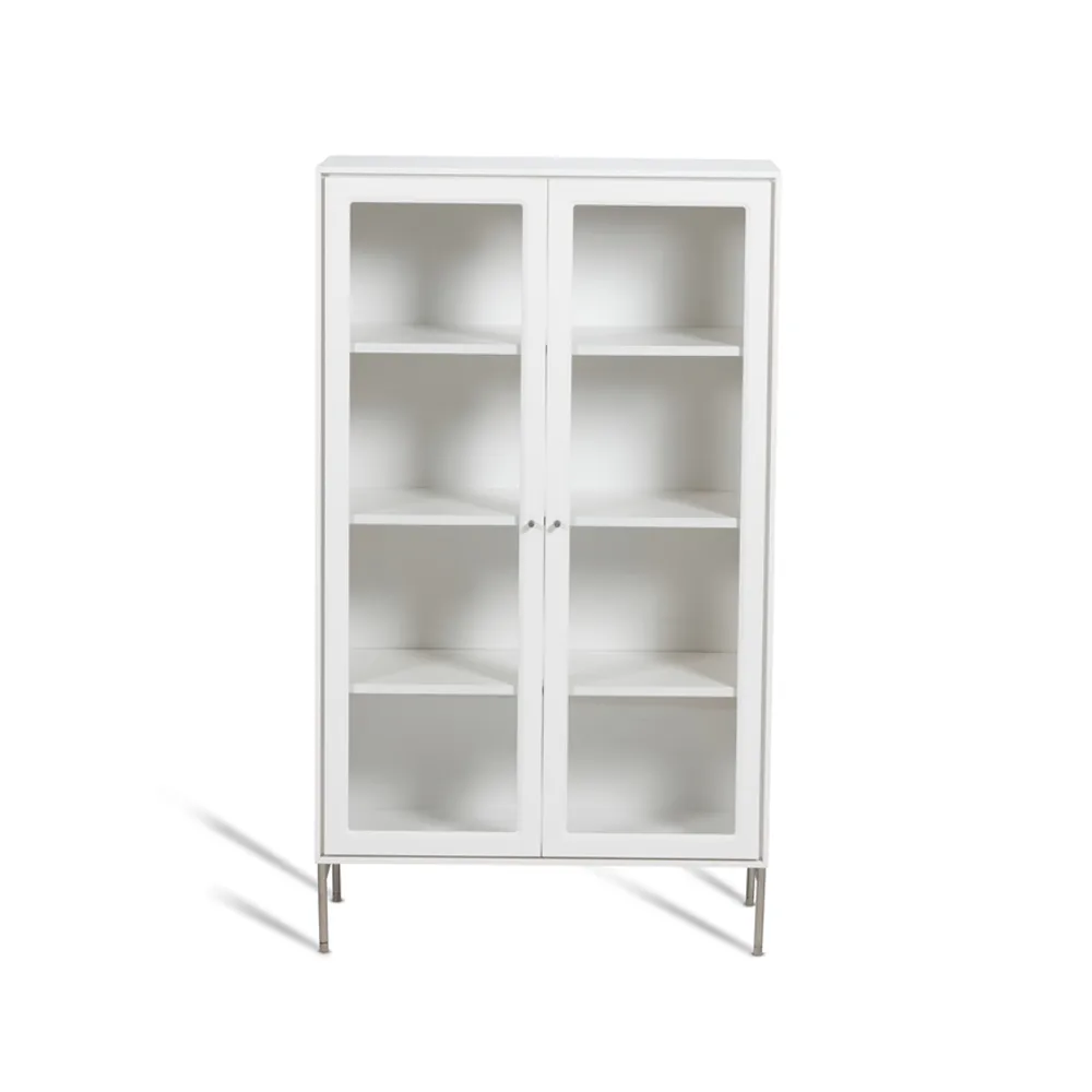 Volt display cabinet 130 cm white lacquer, Details in stainless steel Mavis