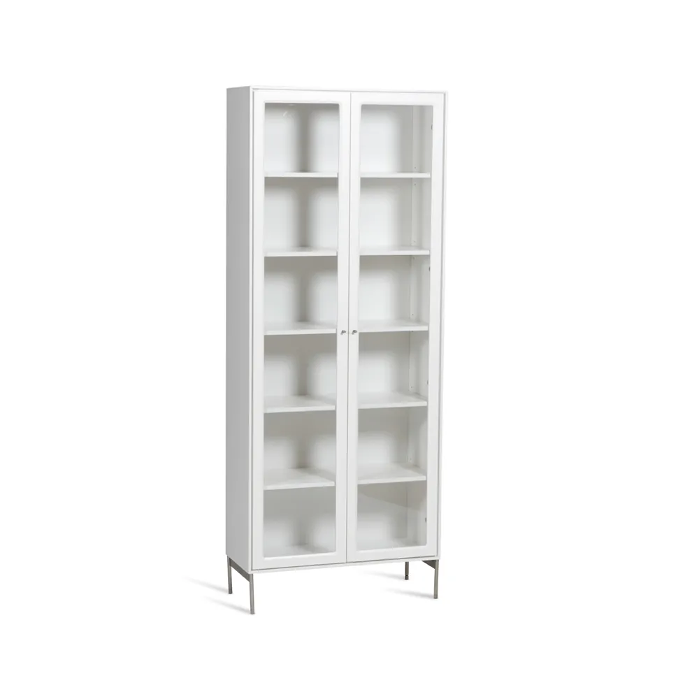 Volt display cabinet 190 cm white lacquer, Details in stainless steel Mavis