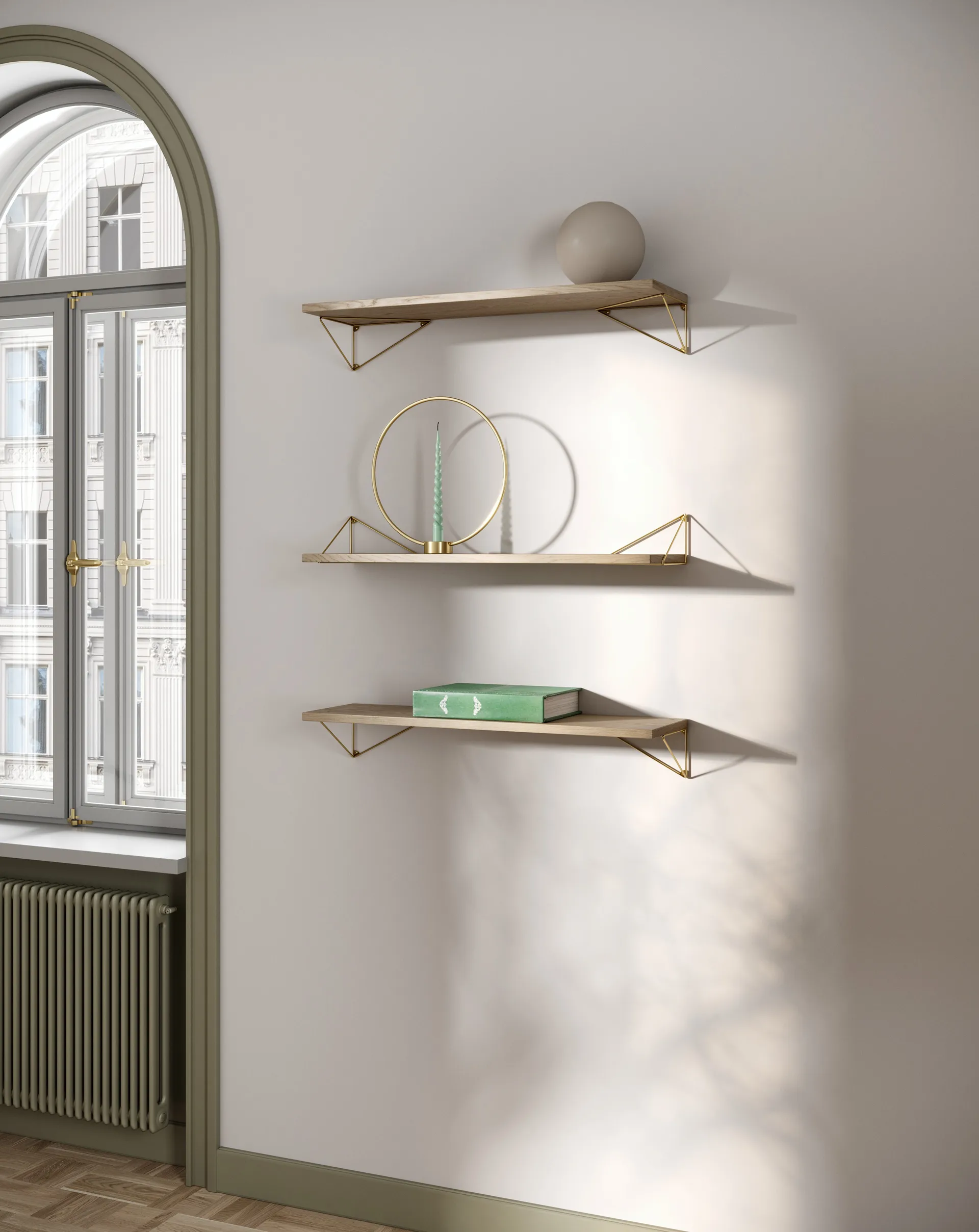 Pythagoras Bundle A shelving system oak-brass Maze