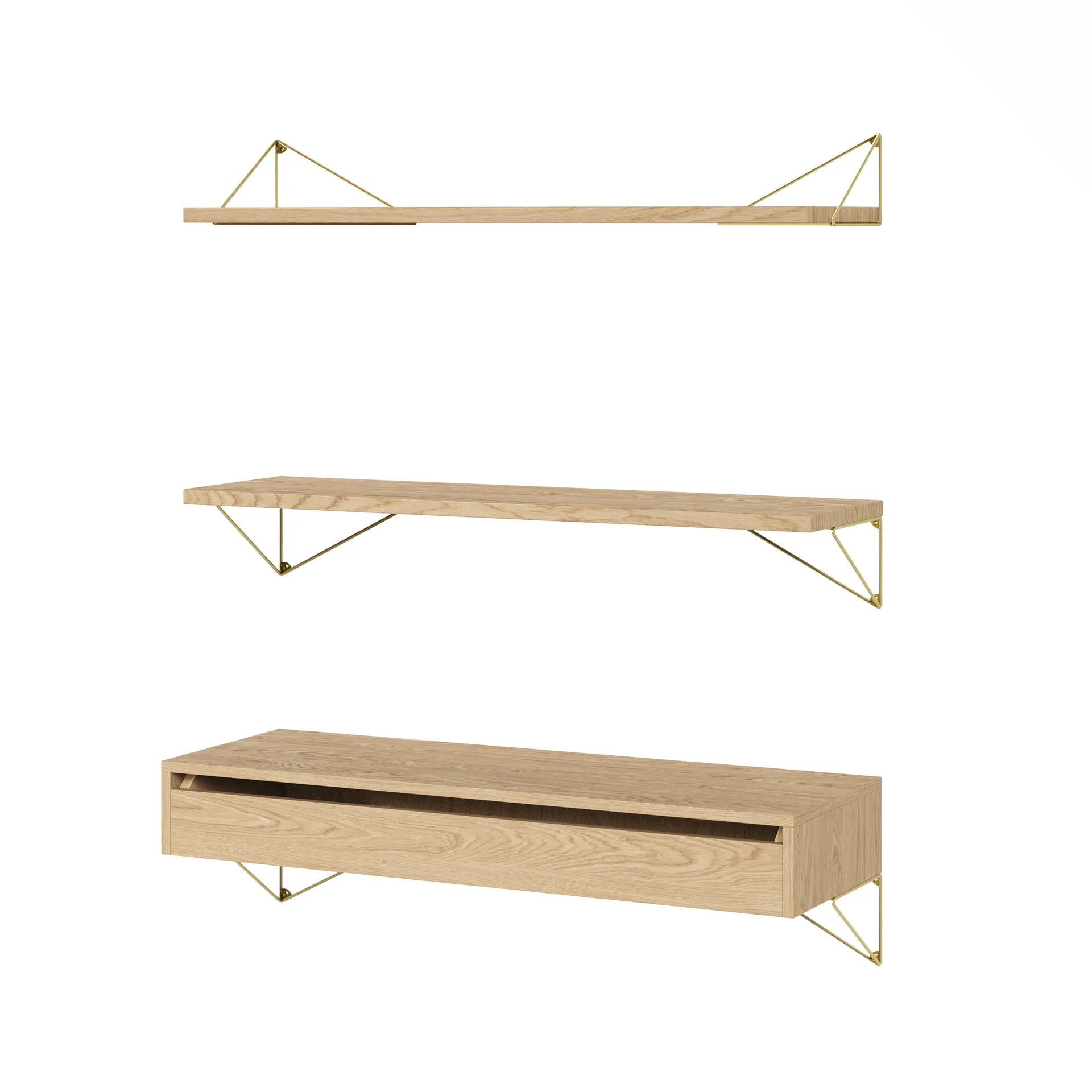 Pythagoras Bundle C shelving system oak-brass,  Maze