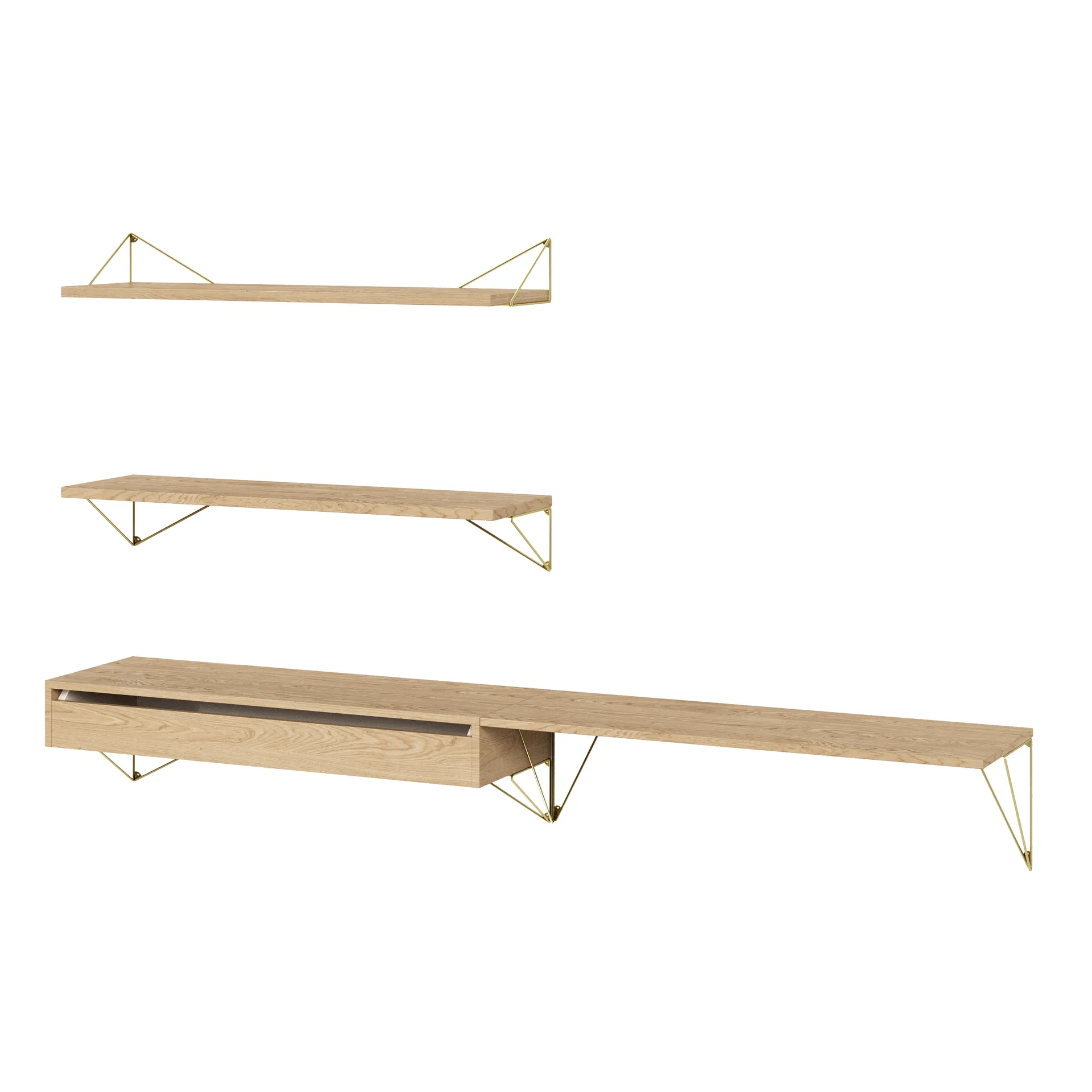 Pythagoras Bundle D shelving system oak-brass,  Maze