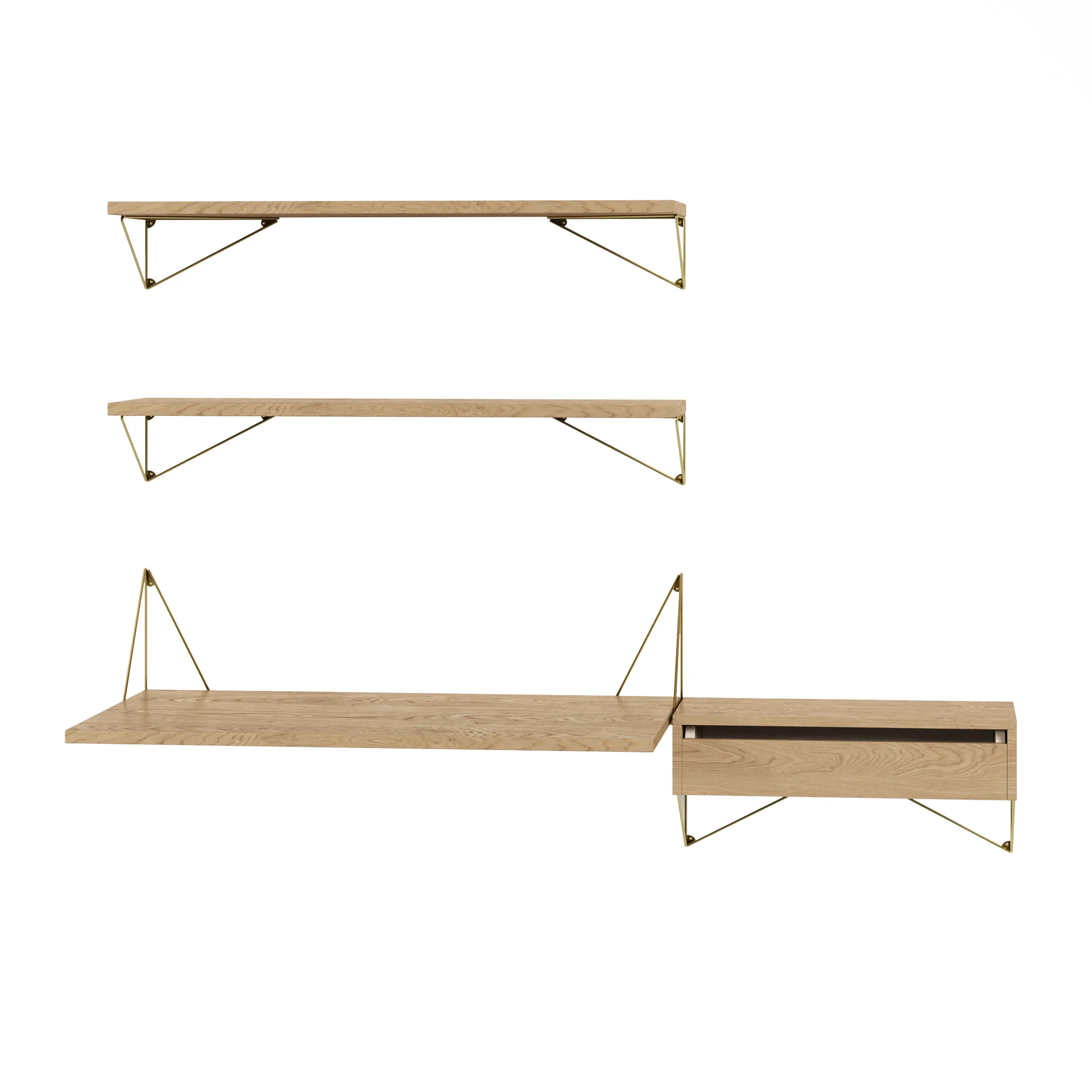 Pythagoras Bundle E shelving system oak-brass,  Maze