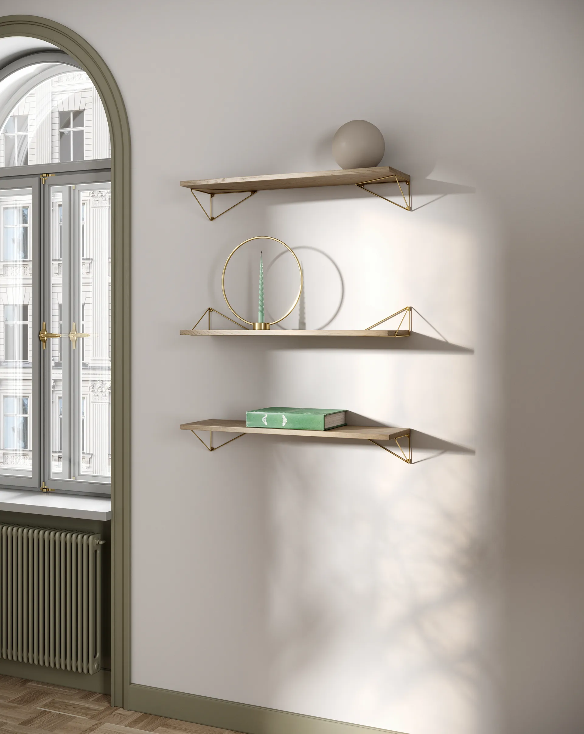 Pythagoras shelf, oak-brass, 20x80 cm,  Maze