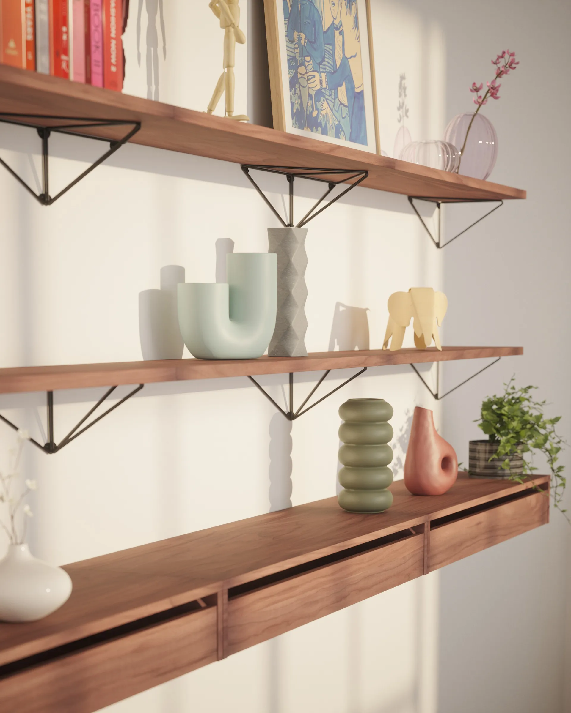 Pythagoras shelf, walnut Maze