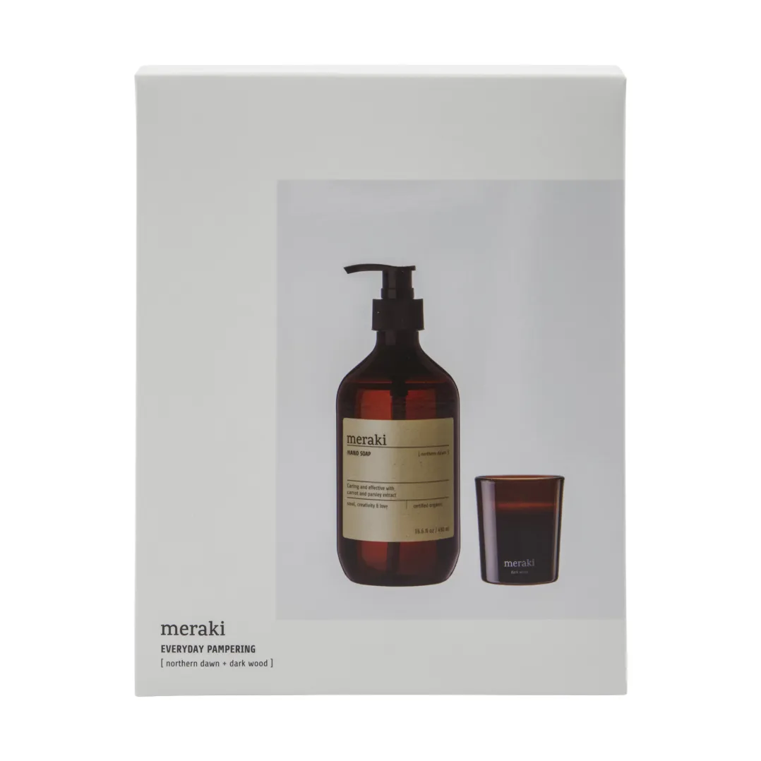 Meraki gift set hand soap and scented candle, Northern dawn + dark wood Meraki