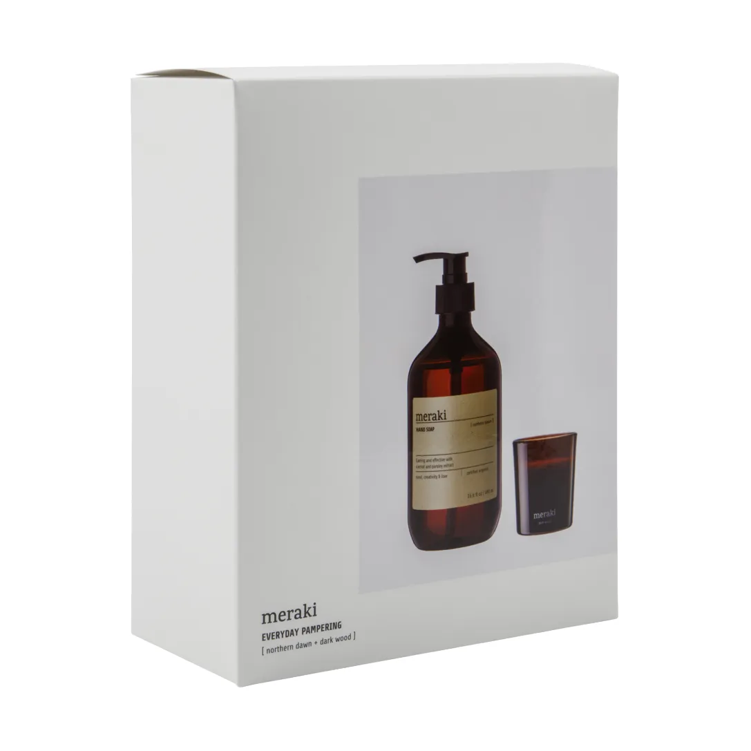 Meraki gift set hand soap and scented candle, Northern dawn + dark wood Meraki