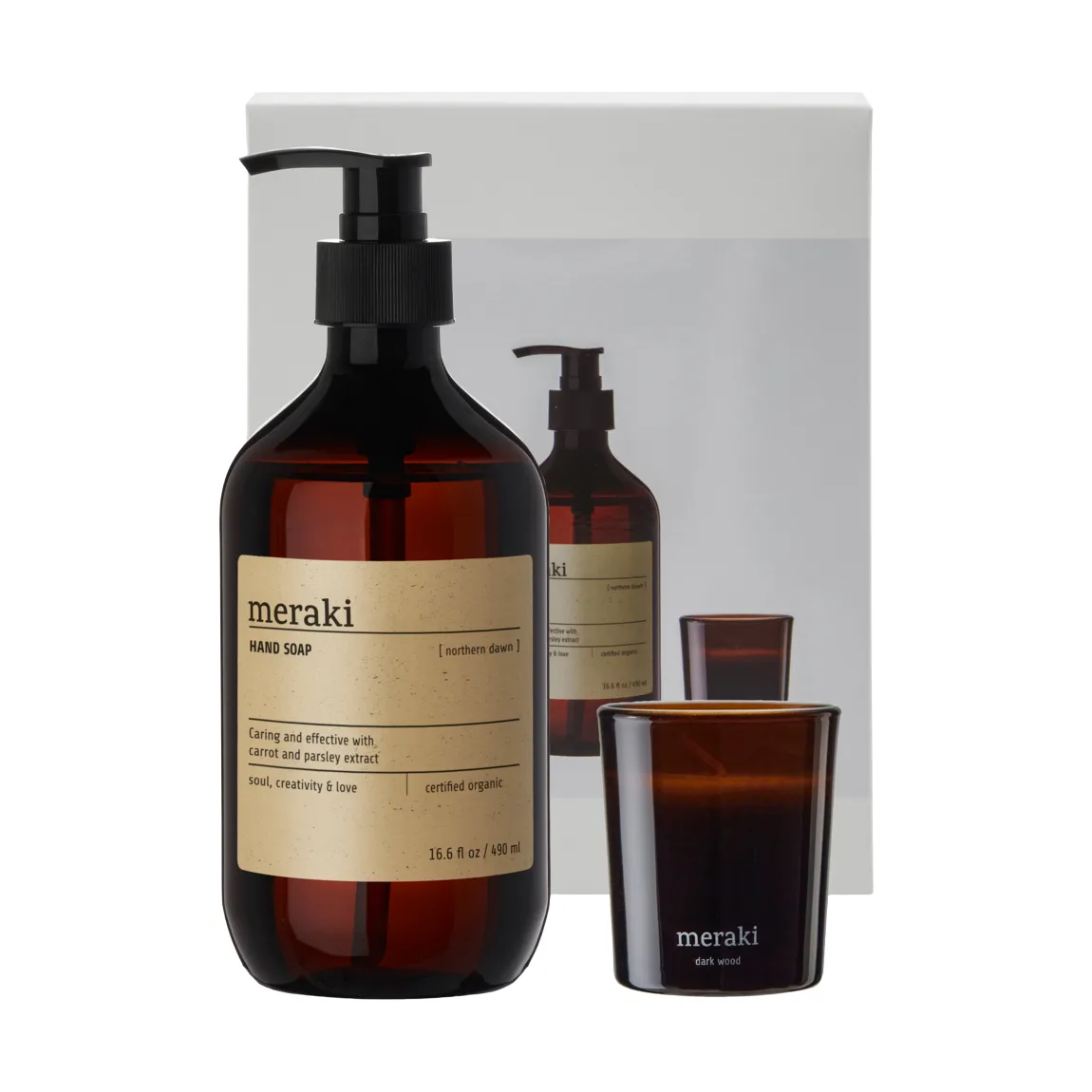 Meraki gift set hand soap and scented candle, Northern dawn + dark wood Meraki