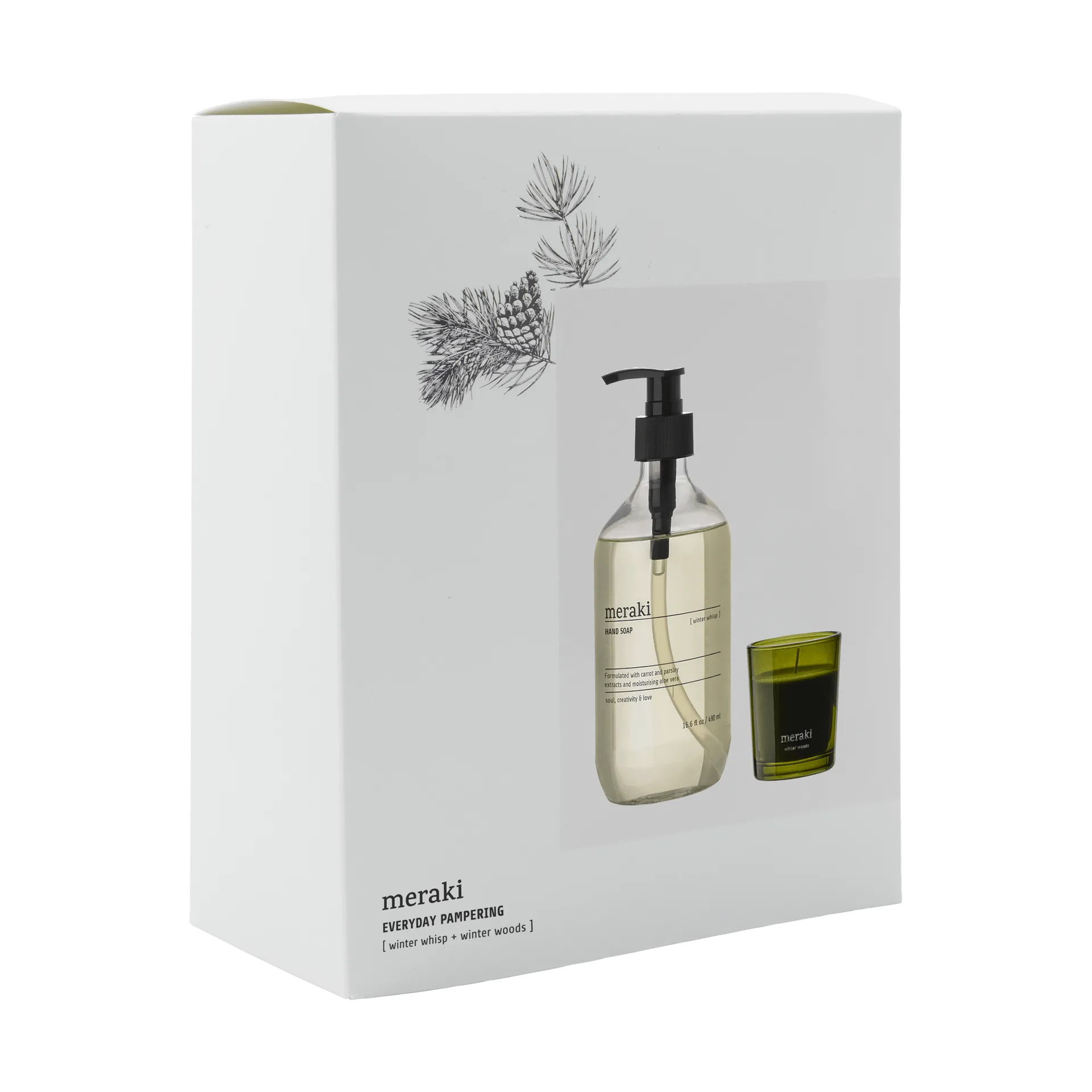 Meraki gift set hand soap and scented candle, Winter whisp, winter woods Meraki