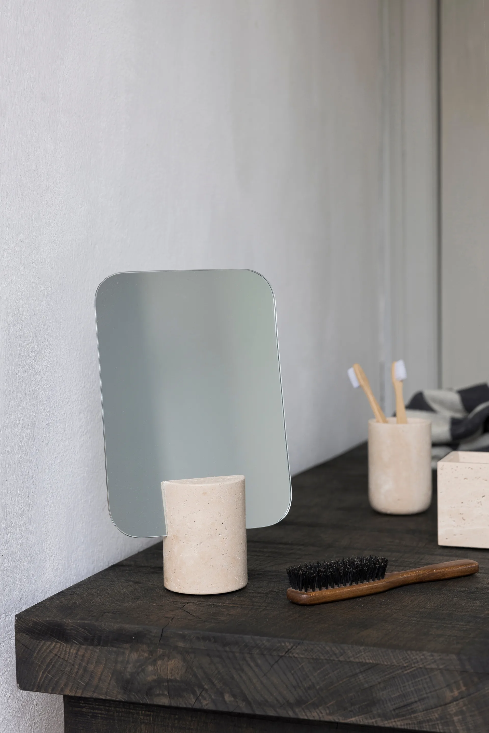 Travertine vanity mirror, Linen Mette Ditmer