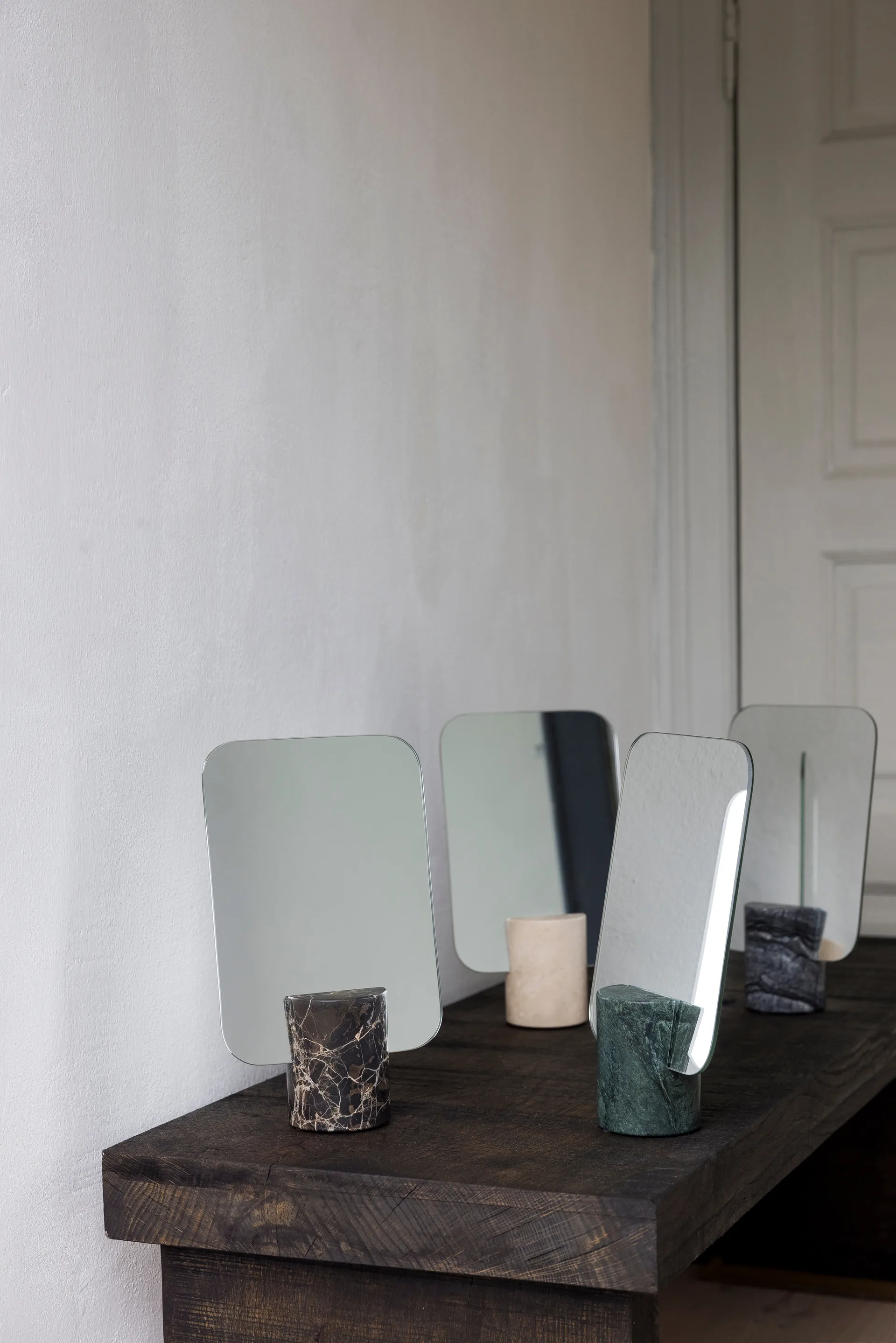 Travertine vanity mirror, Linen Mette Ditmer