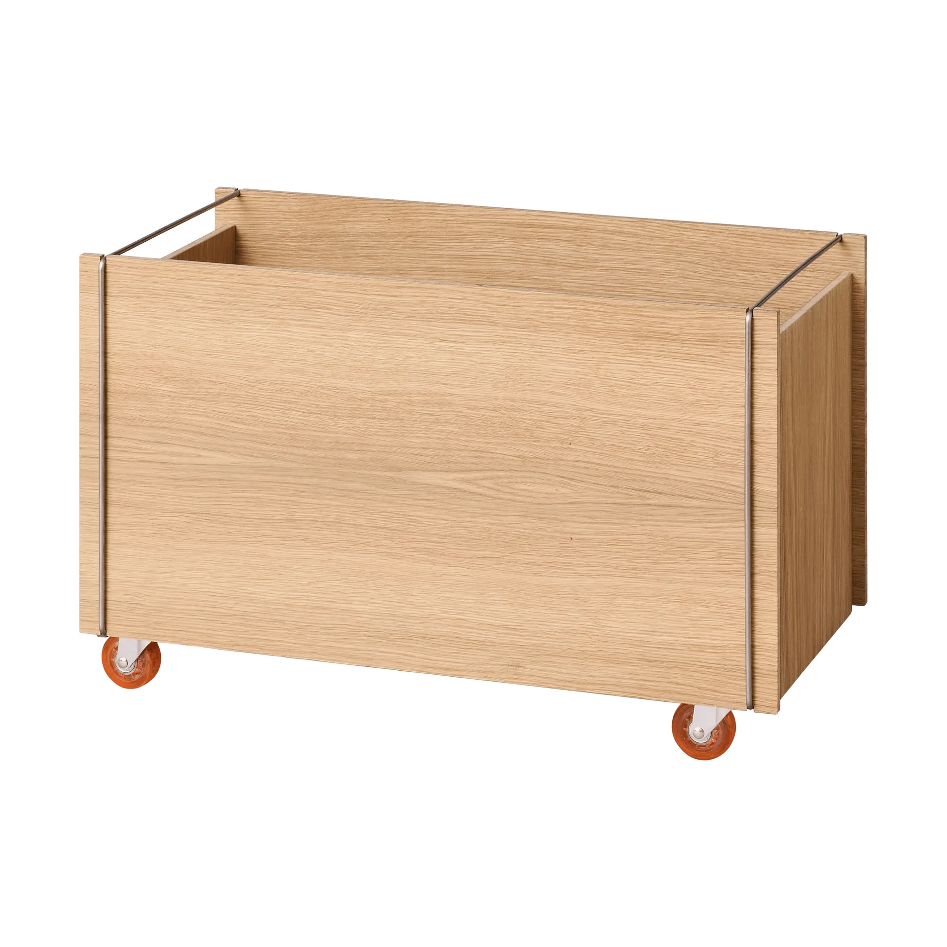 Moebe storage box, Oiled oak-stainless steel, with castors, 33x60x31 cm MOEBE