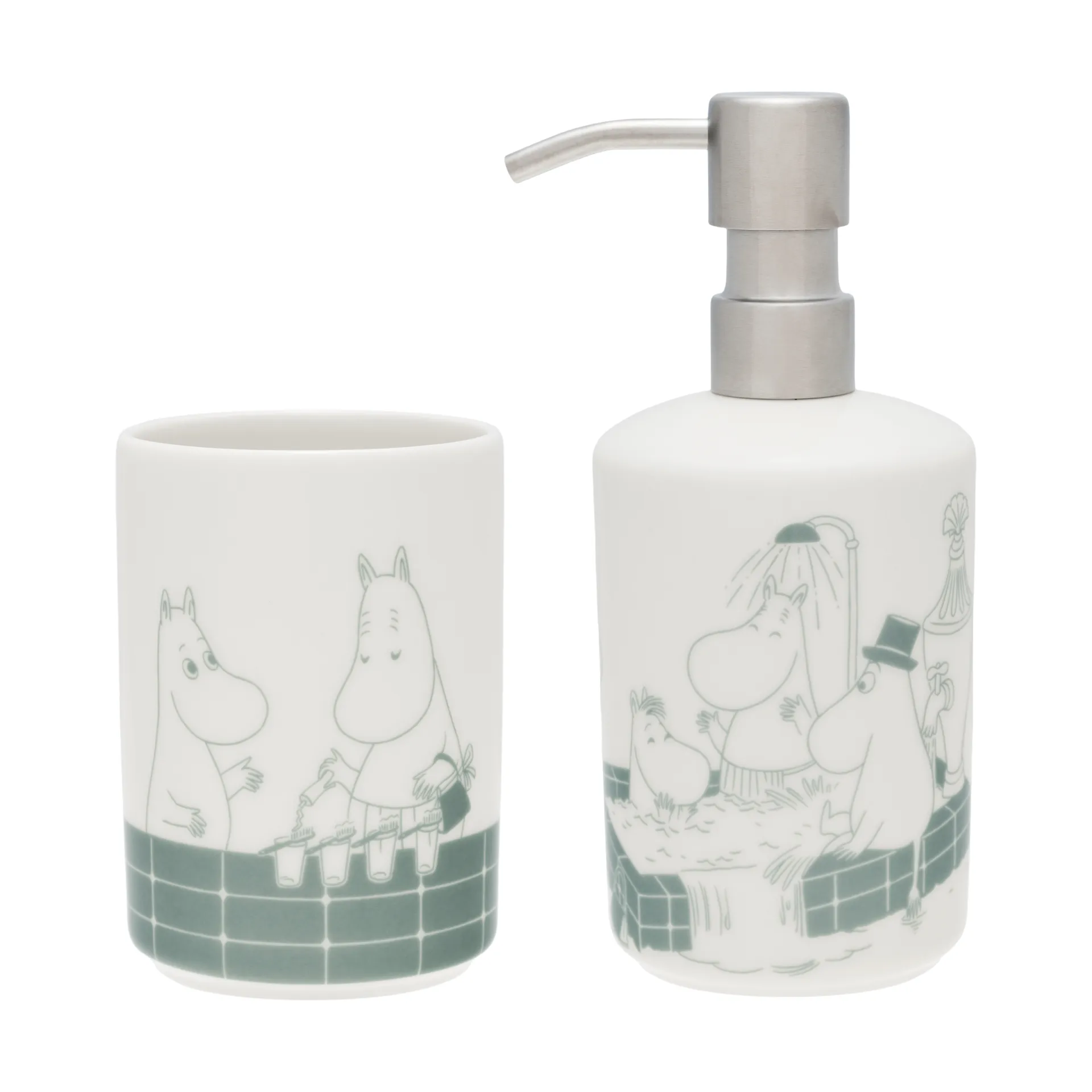 Moomin soap dispenser and toothbrush holder, Bath time green-white arabia moomin,moomin arabia